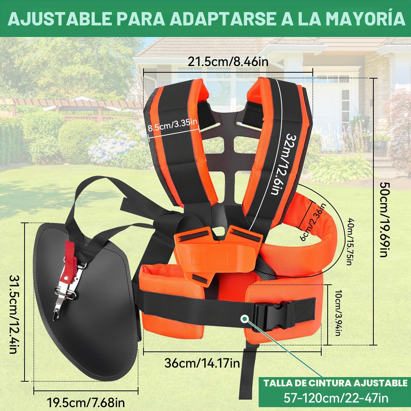 Arnés Doble para Desbrozadora, Correa Ajustable Universal con Acolchado Cómodo para Cortabordes Recortabordes, Tirantes Acolchados de Nylon para Trabajos de Jardinería (Naranja)