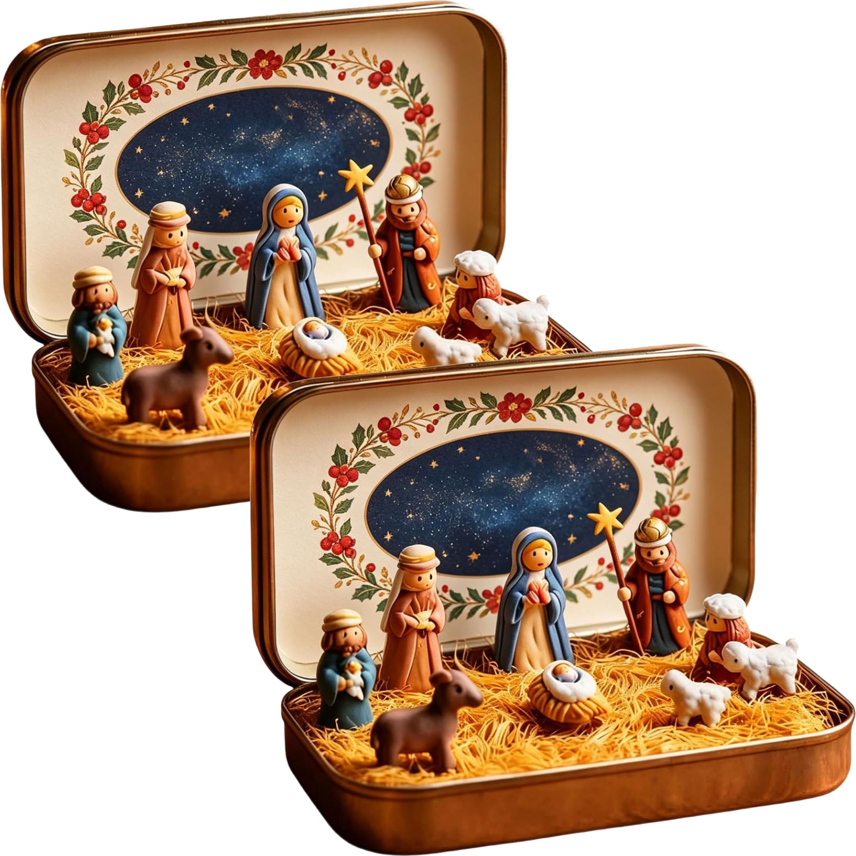 Mini Nativity Scene Set in a Metal Tin Box – Hand-Painted Resin (B 2pc)