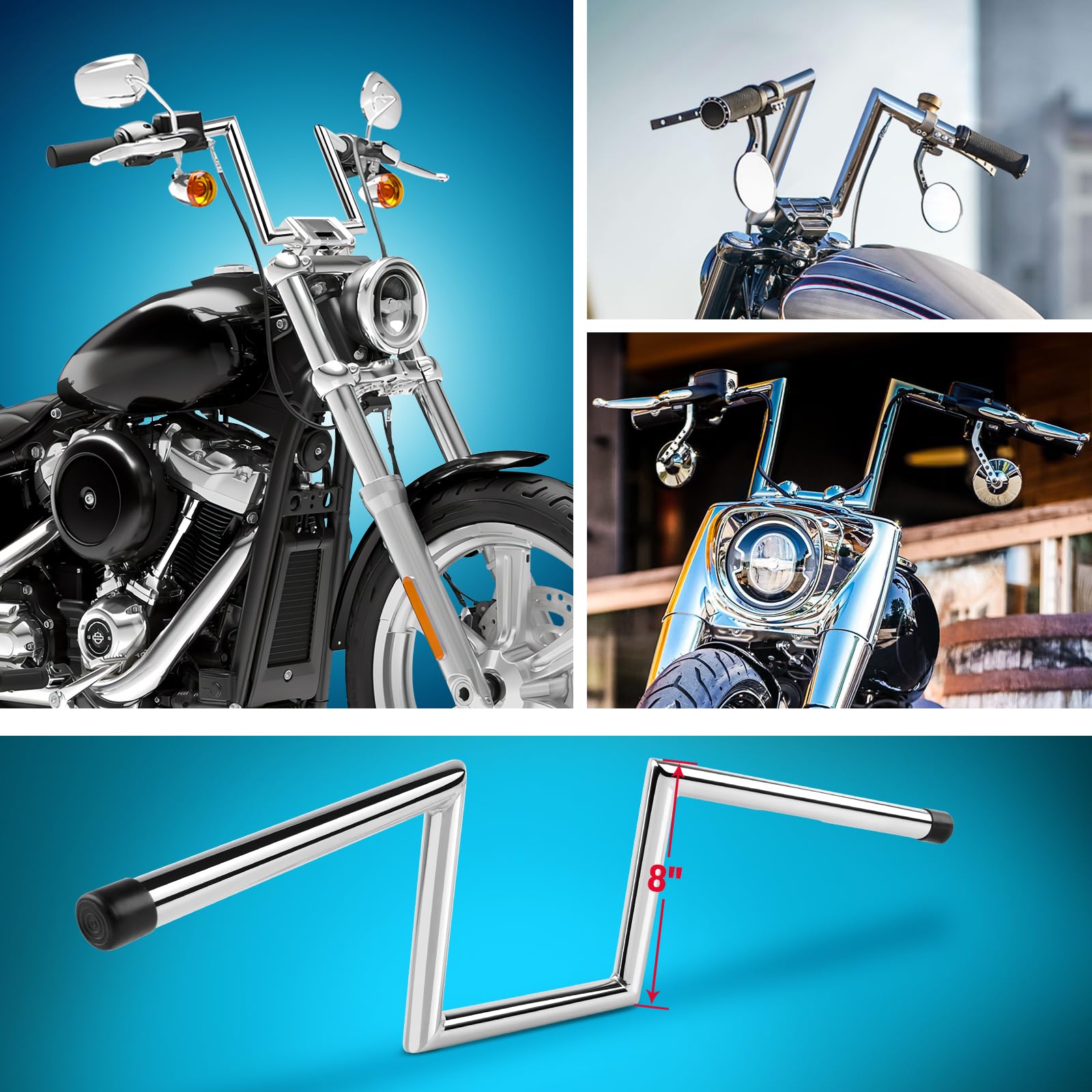 DREAMIZER Manillar de motocicleta Z Bars de 25mm y 1", Estilo Ape Hanger para Drag Custom con 8'' Altura, Compatible con Harley Honda Yamaha Suzuki Kawasaki Triumph Bobber Chopper Cruisers Sportster.