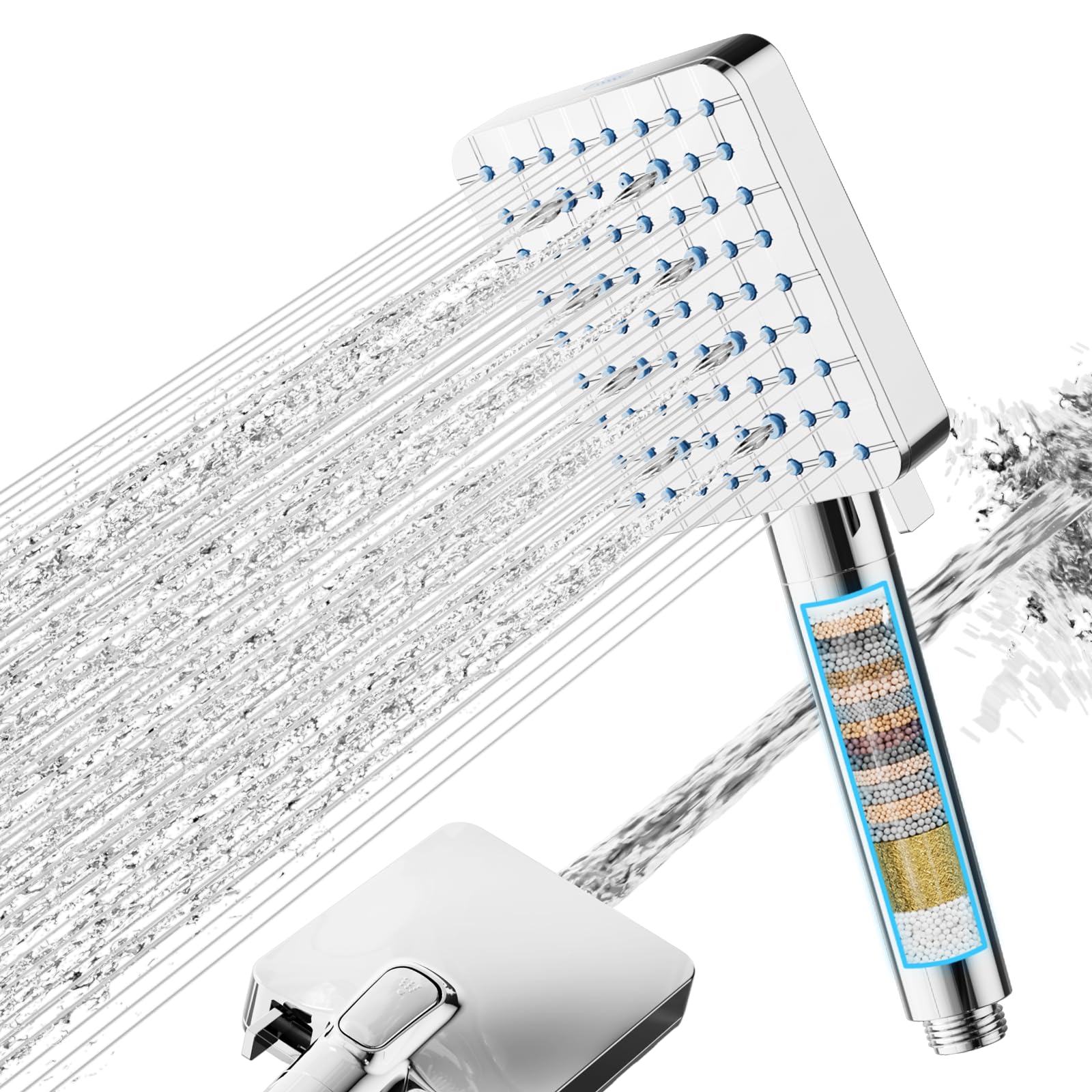 Cobbe Hard Water Filter Squre Shower Head with 6+1 Spray Modes, High Pressure Water Saving Shower Head with 20 Layers Filtration, Powerful Shower Heads for Residual Chlorine Remove, Chrome
