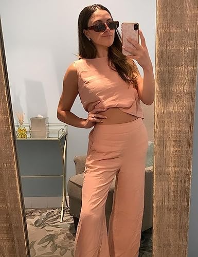 Miniatura 7 de Conjunto de 2 piezas de algodón y lino para mujer, camiseta corta sin mangas, pantalones de pierna ancha, conjuntos casuales de descanso