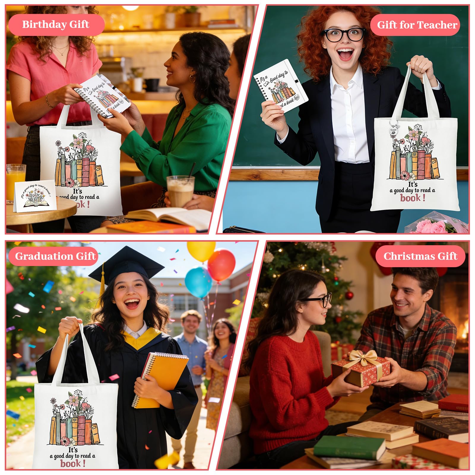 Buchliebhaber-Geschenk für Frauen, 6 Stück, Buchzubehör, Buch-Geschenke, inklusive Schlüsselanhänger, Leinen-Tragetasche, Bücher, Liebhaber, Reißverschluss, Make-up-Tasche, Notizbuch, Stift