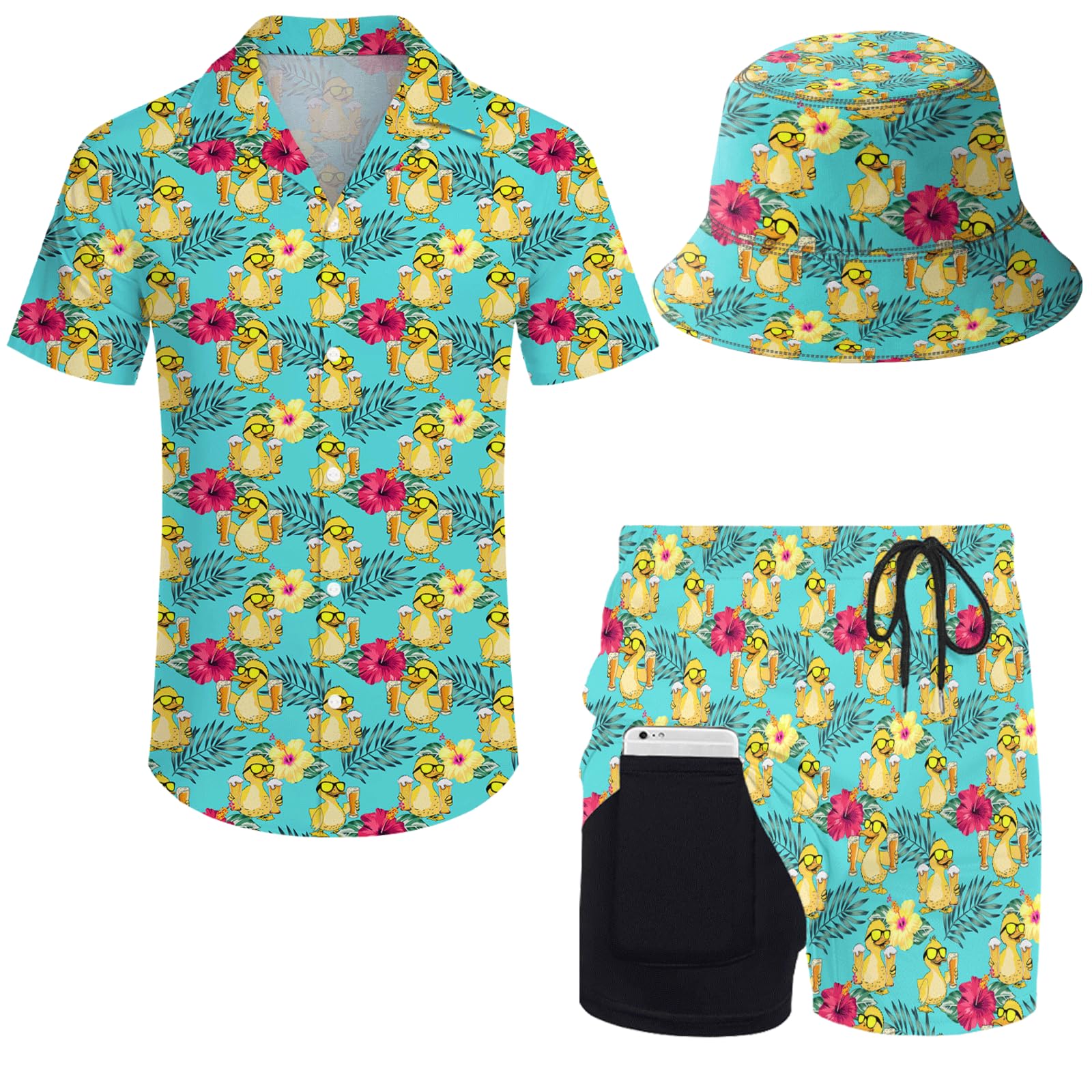 Mens 2 Piece Tracksuit Hawaiian Button Down Shirt And Compression Liner Shorts Sets With Bucket Hats