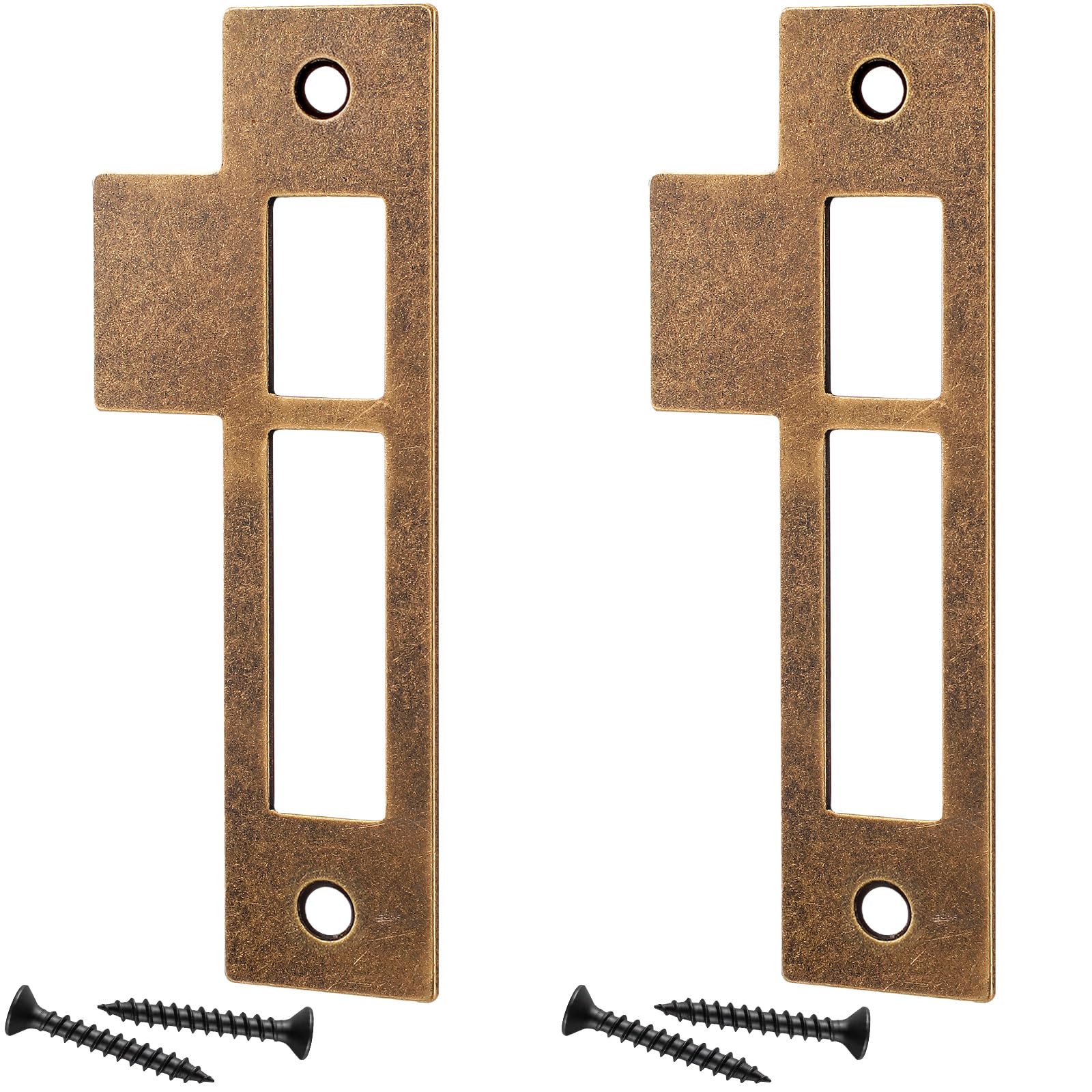 Otoolling 2pcs 4-3/8inch Antique Brass Door Strike Plate Latch with Screws Solid Brass Replacement Latch Striker Keeper for Mortise, Vintage, Striker, Keeper — image 1