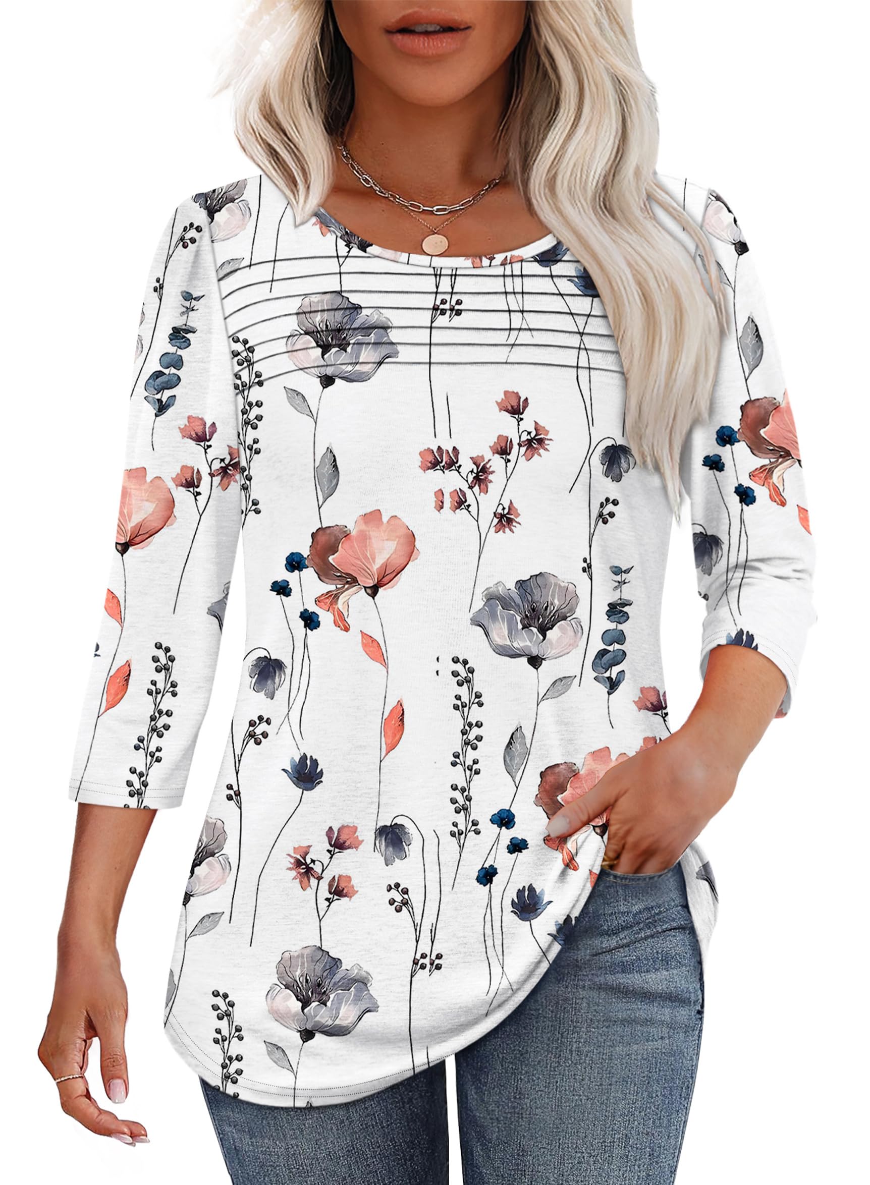 OFEEFAN Womens Tops 3/4 Length Sleeve Blouses Dressy Casual Spring Summer Fall Outfits Pleated Front T Shirts Curved Hem