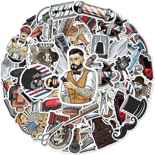 Paquete de 50 calcomanías retro para peluquería, vinilo impermeable para laptop, botella de agua, espejo de salón, caja de herramientas, álbum de