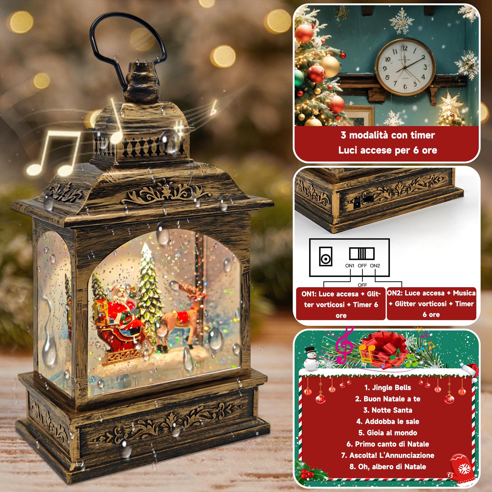 Lanterna di Natale,natale decorazioni casa,Palle di vetro natalizie Globi con Musica,Proiezione,Timer,Glitterata Neve - 3AA Batteria/USB – Decorazione Natalizia 2026 per Casa e Tavolo,regali di natale