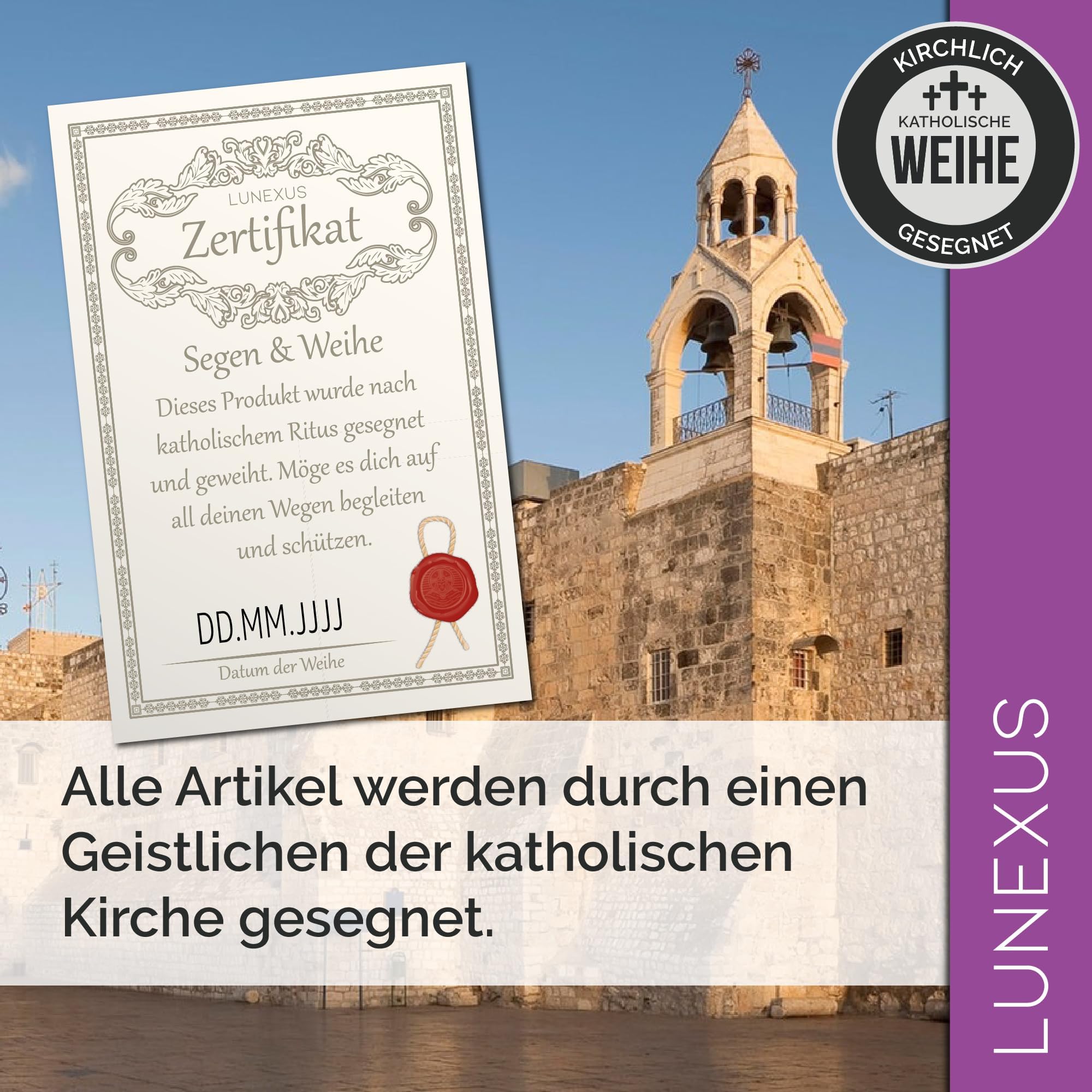 Lunexus Wandkreuz Olivenholz 30 cm - Handgefertigt, gesegnet | Hochwertiges Olivenholz aus Bethlehem - gesegnet mit Zertifikat - mit Wandhalterung - für Kommunion, Hausaltar, Deko