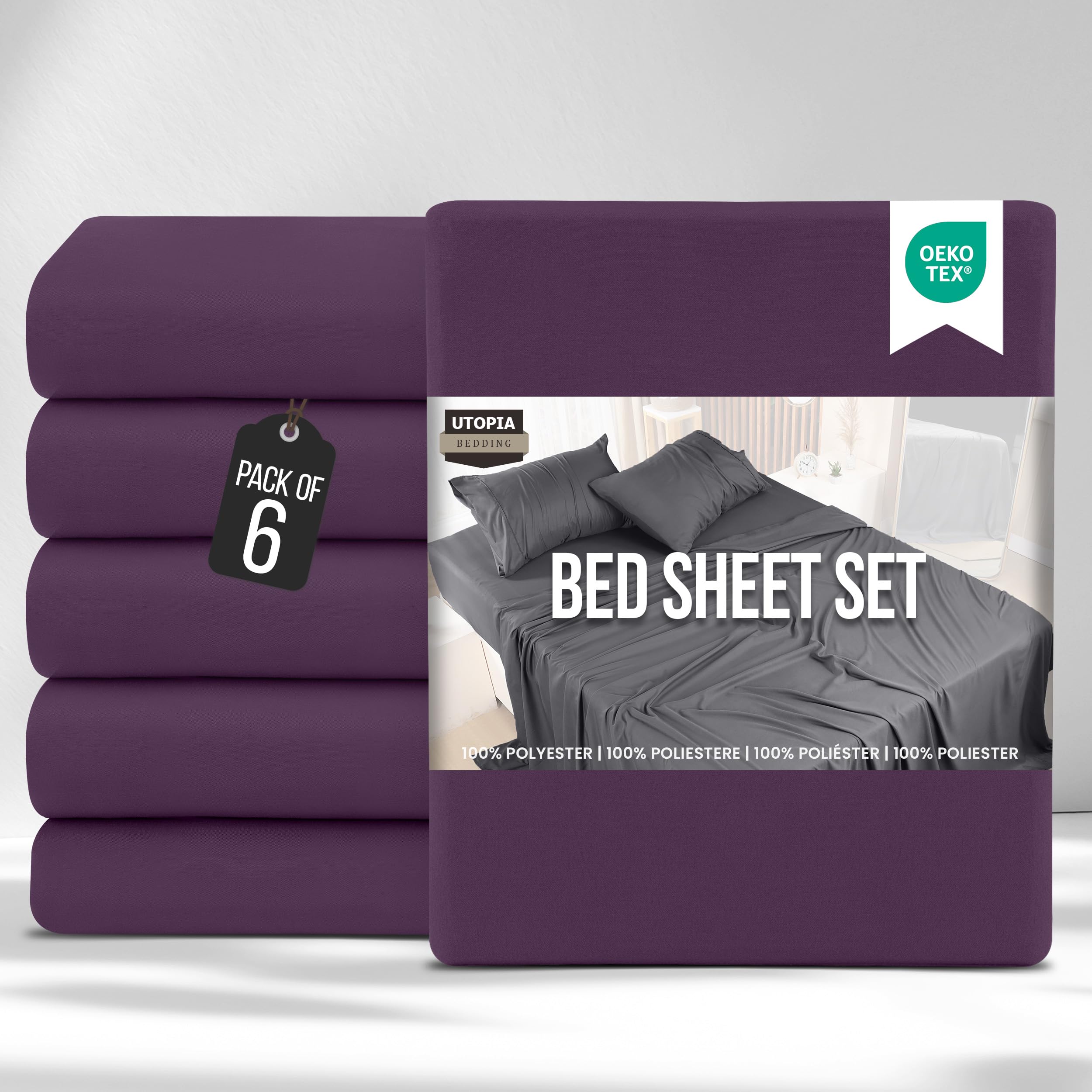 Utopia Bedding Bed Sheets Set Bulk Pack of 6 (Super King, Purple) – Fitted Sheet, Flat Sheet with Pillow cases 50x75 – Wrinkle, Shrinkage & Fade Resistant – Soft Brushed Polyester Microfiber Fabric — image 1