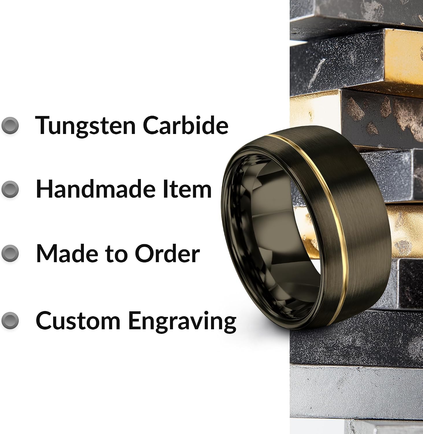 Tungsten Wedding Band Ring 10mm 8mm 6mm for Men Women 18k Yellow Gold Plated Dome Gunmetal Grey Brushed Polished