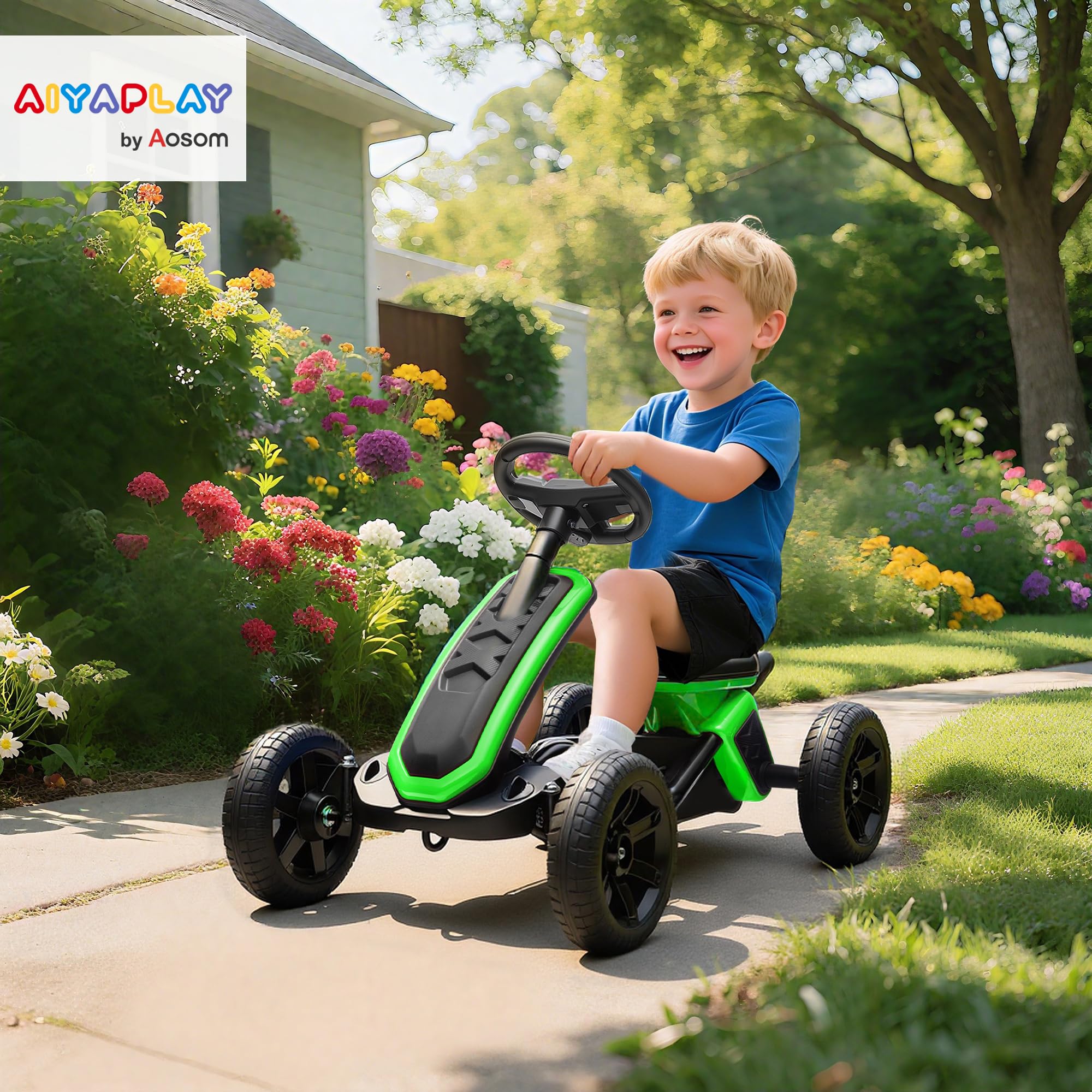 AIYAPLAY Kart Pedales, Go Kart con Ruedas Antideslizantes de EVA, Marco Metálico, Carga 30 kg, para Niños y Niñas de 2-5 Años, Verde