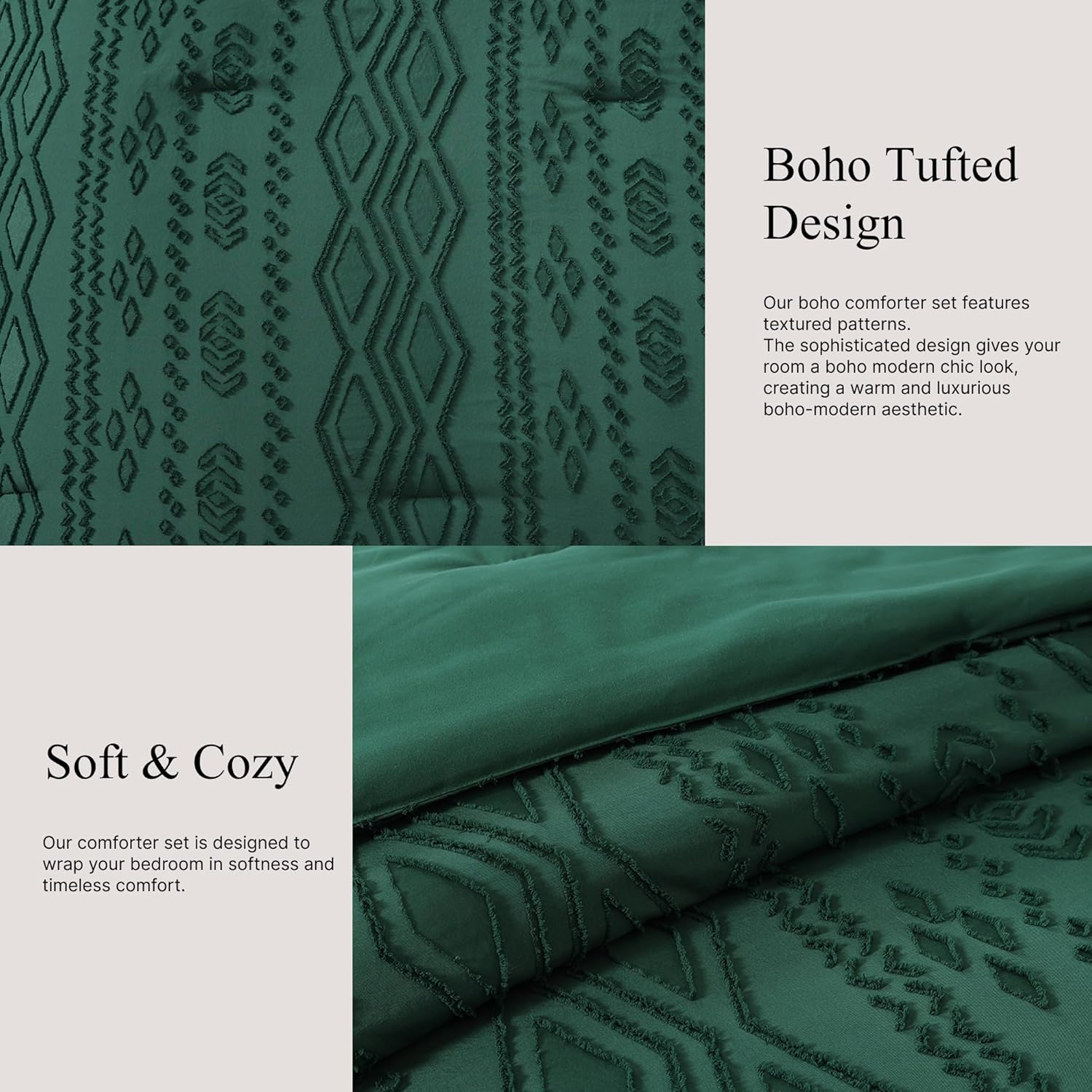 Queen Comforter Set Emerald Green, Tufted Boho Bedding Farmhouse Dark Green Bed Set, All Season 7 Pieces Bed in a Bag with Sheets, Pillowcases & Shams - Image 8