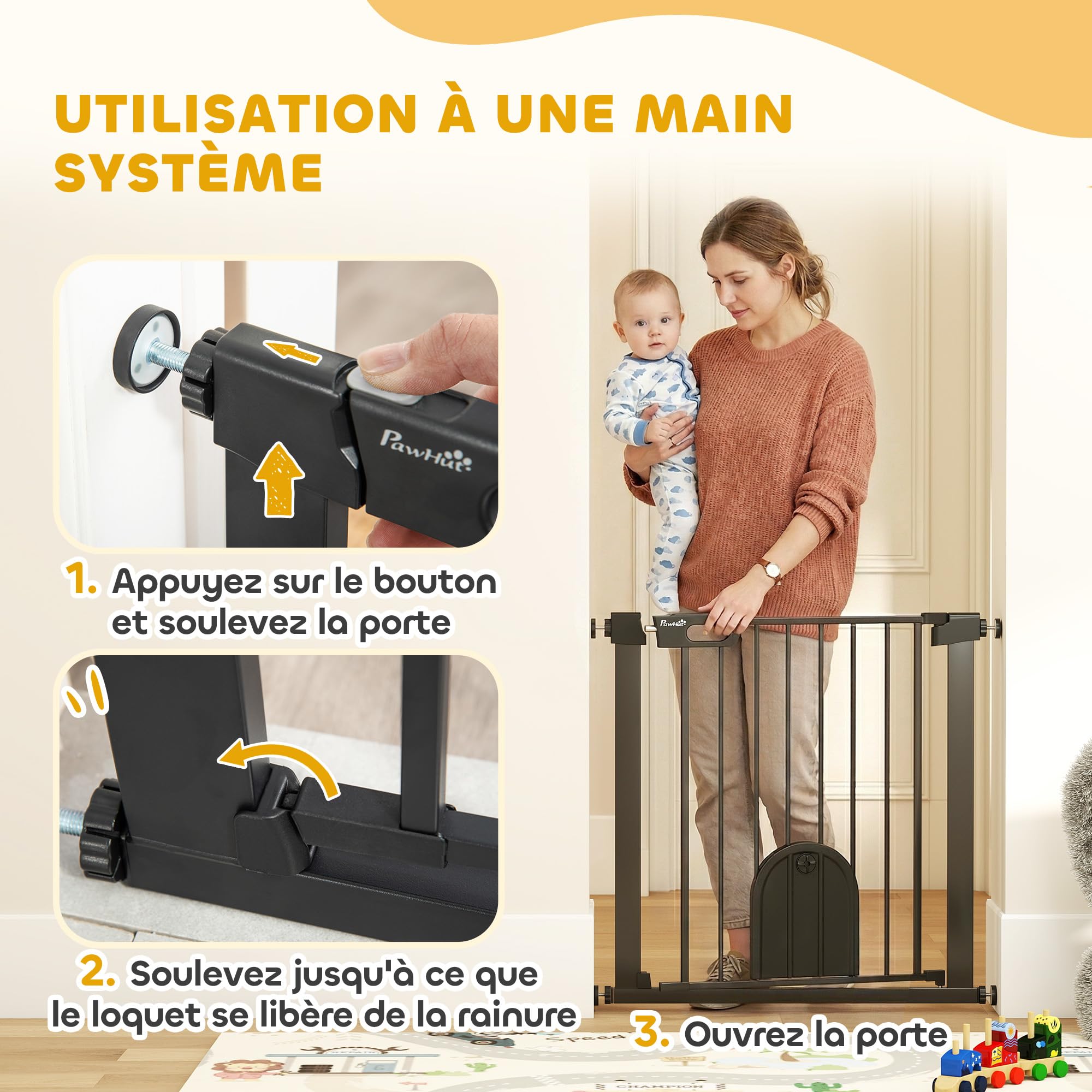PawHut Barrière de sécurité Animaux de 76H cm barrière Chien Chat avec Porte Fermeture Automatique système de Double Verrouillage Fixation par Pression de 75 à 82 cm Acier et ABS Noir