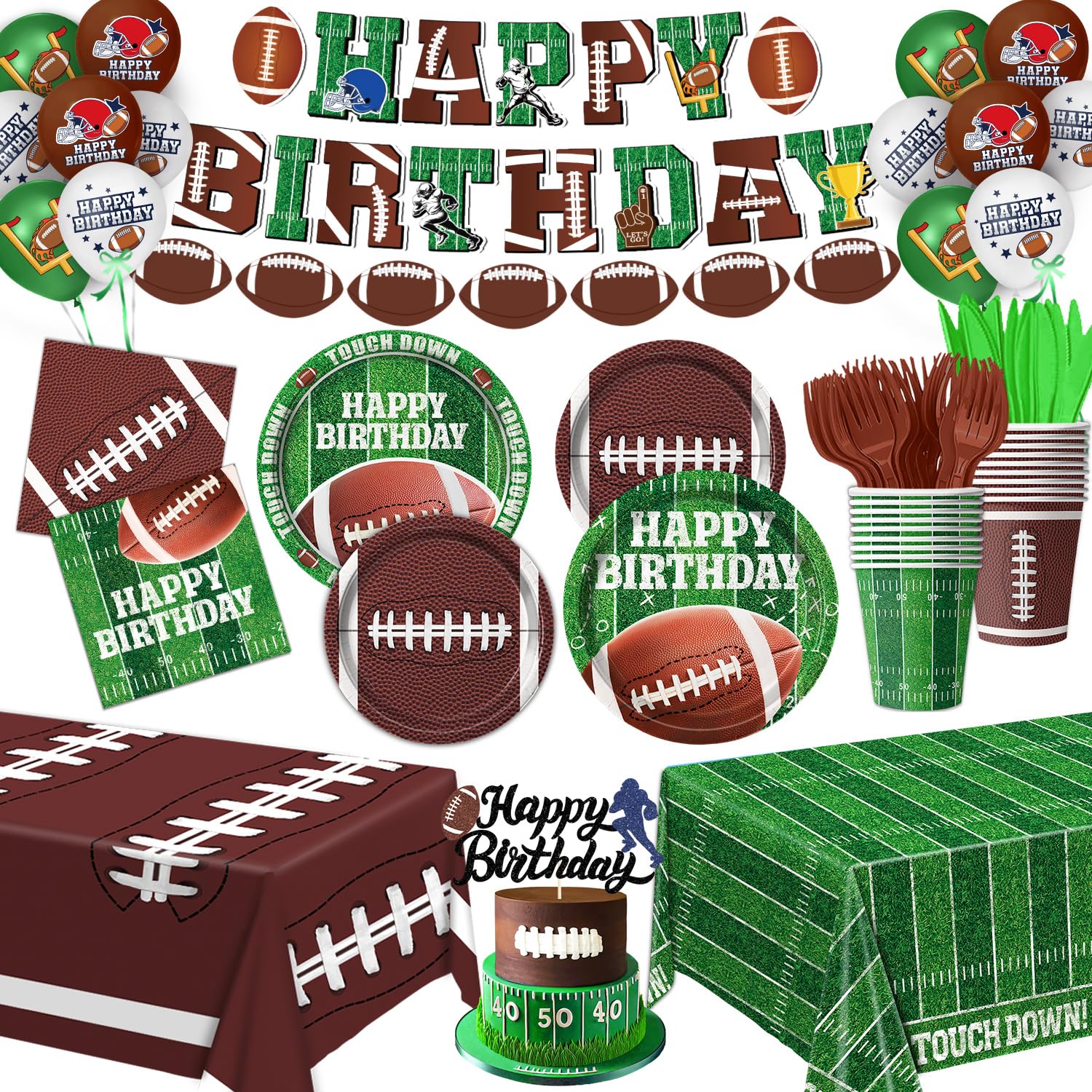 Football Birthday Party Decorations, Football Party Supplies Includes Plates, Napkins, Cups, Banner, Balloons, Tablecloth for Football Birthday Party Football Game Day, Serve 20