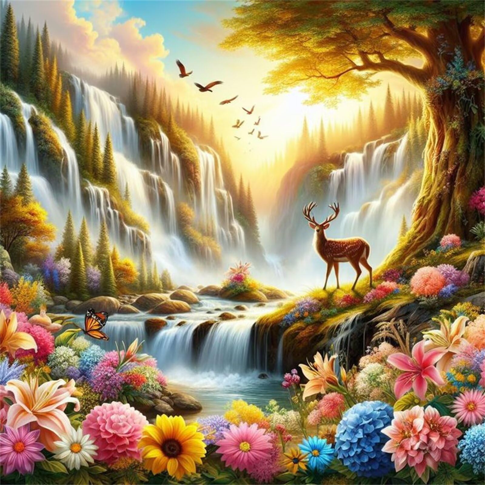 5D Waterfalls Flowers Diamond Art Painting Kits for Adults, Landscapes Animals Diamond Painting for Beginner, DIY Full Cross Stitch Embroidery Art Pictures Home Wall Decor Gift Square Drill, 85 x 85