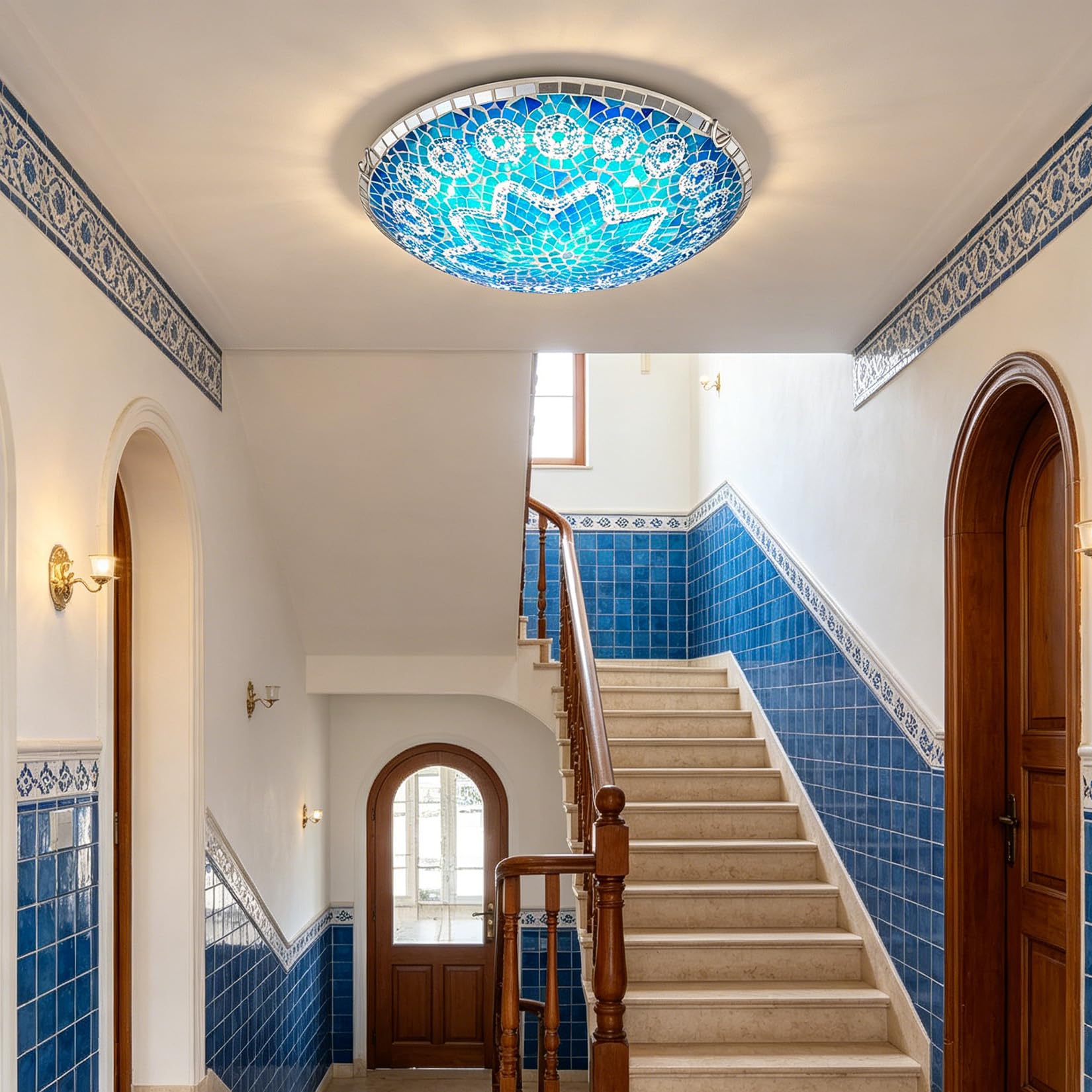 Yjmgrowing Mediterranean Blue Flush Mount Ceiling Light Handmade Turkish Mosaic Ceiling Lamp Bohemian Glass Light Fixture for Bedroom Hallway Entryway Dining Room Balcony Coastal Decor E26/E27,12inch