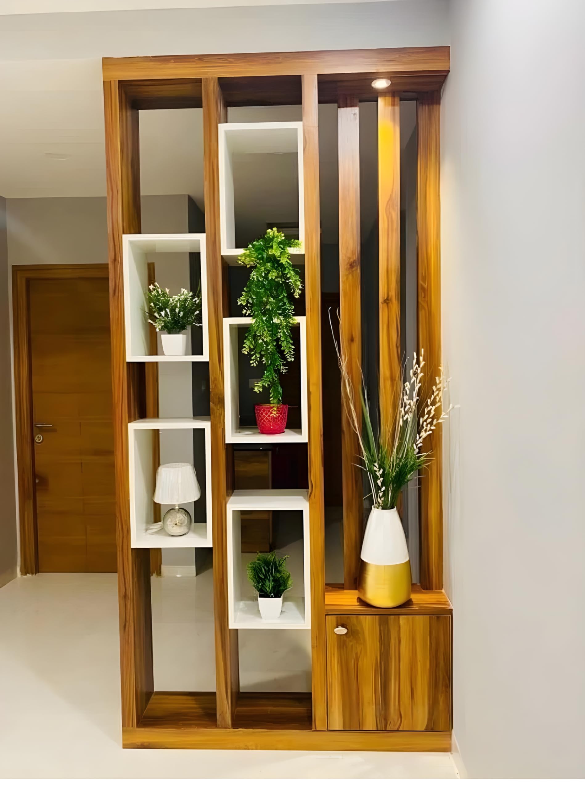 Musa Kazim- Hand Carved Wood Room Divider & Partition Panel Decorative Room Separator with Mirror Accents, Open Shelf Divider for Living Room Kitchen & Office Brown (72x40 Inch)-image-7