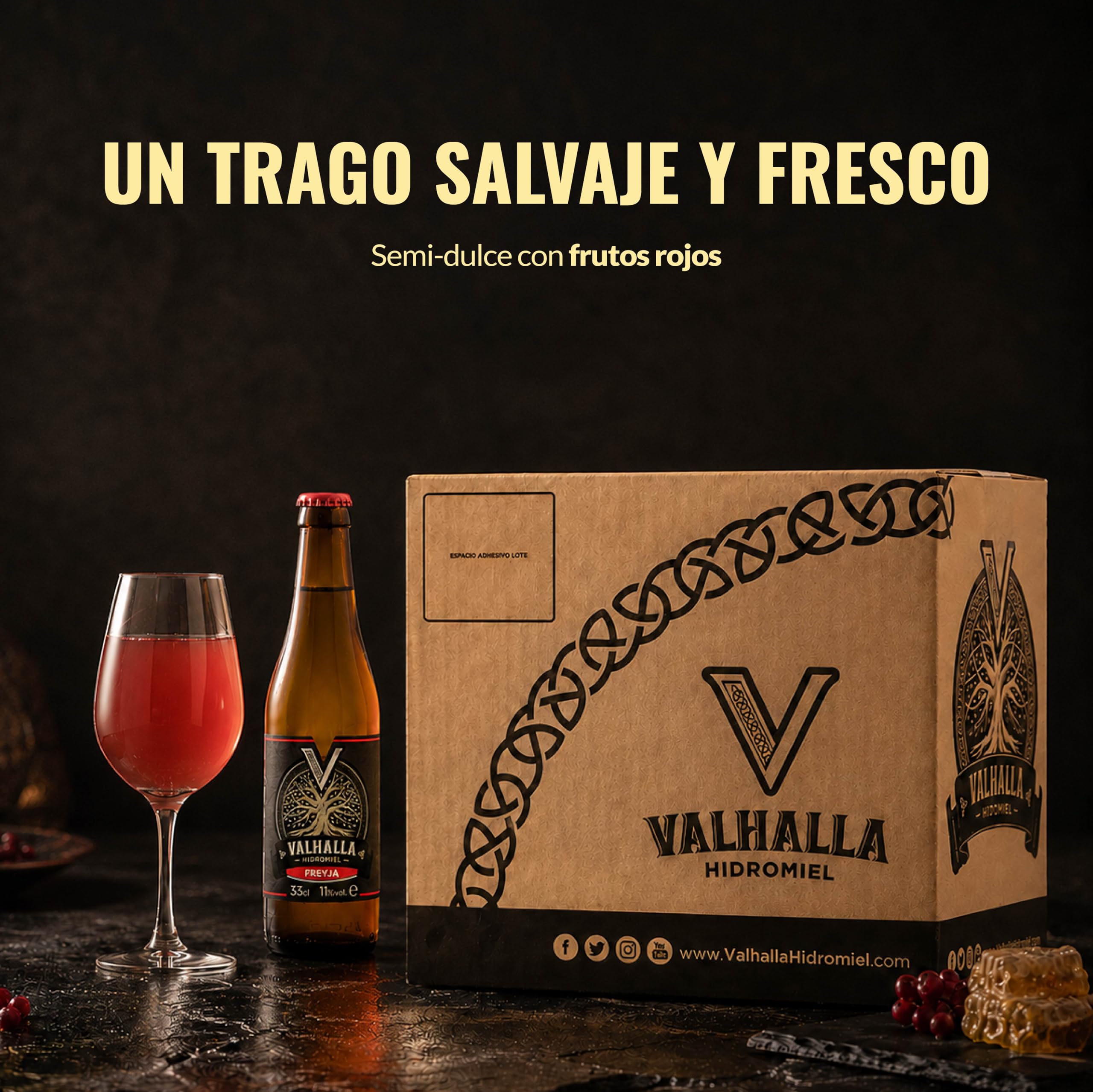 Valhalla Hidromiel Freyja | Cerveza Artesanal Estilo Metheglin Semi Dulce | Bebida Natural con Frutos Rojos del Bosque y Miel | Caja 12 Botellines 33cl | Sin Gluten ni Sulfitos | 11% Grados Alcohol)