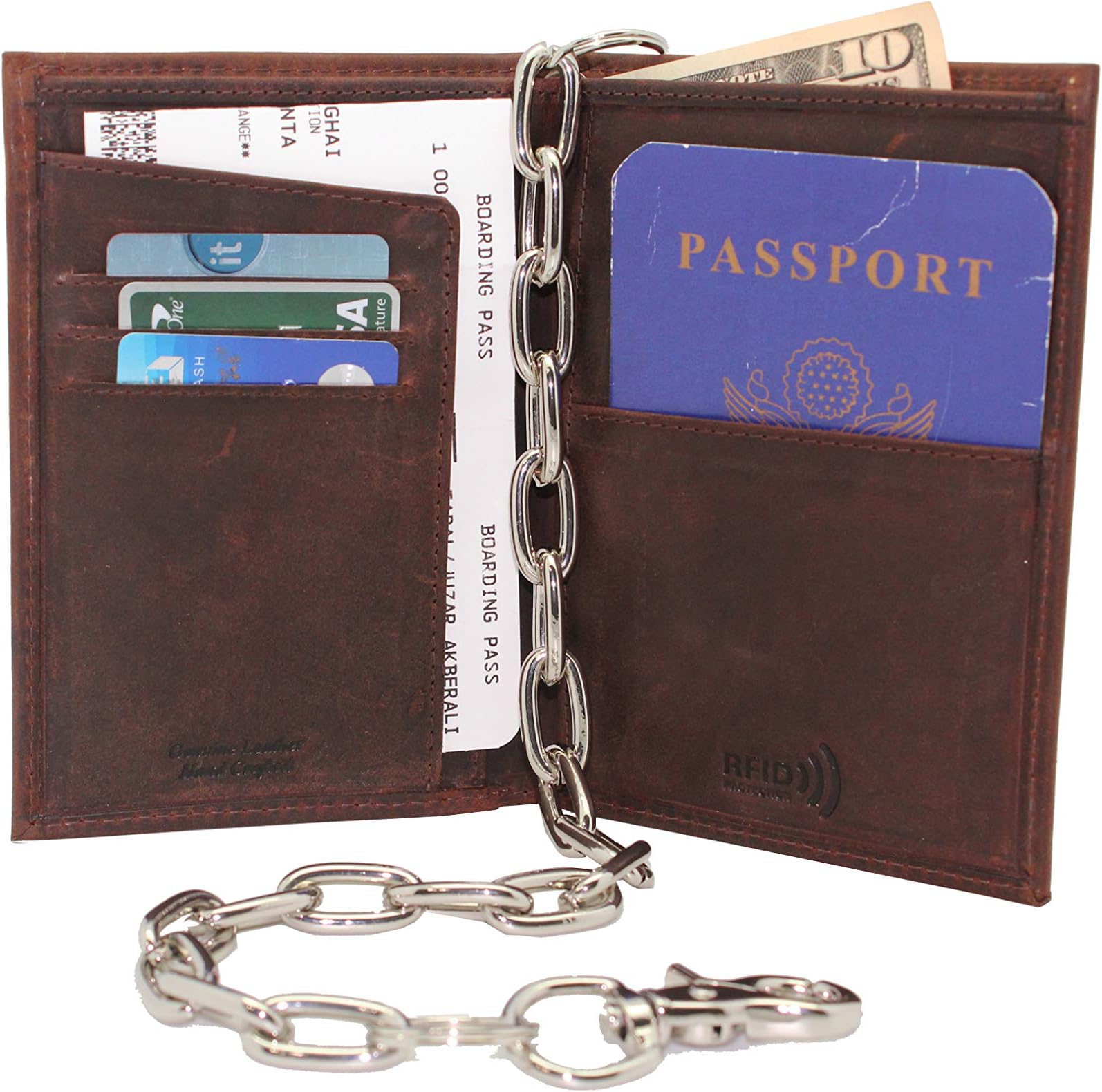 RFID Safe Leather Passport Cover Holder Bifold Chain Wallets Travel Wallet For Men J330PW