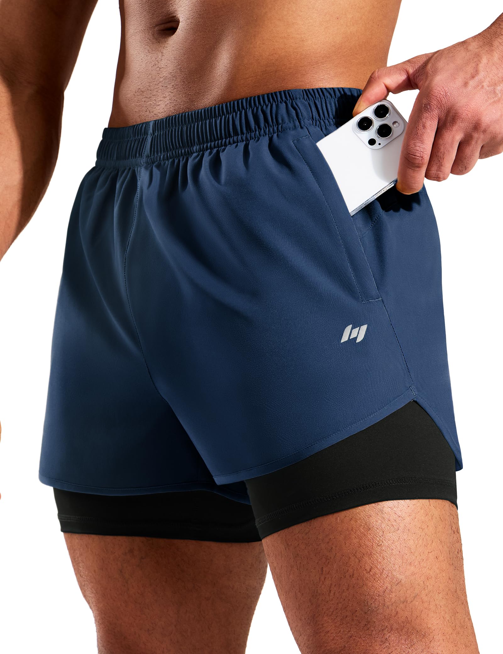 MIER Mens 2-in-1 Running Shorts Quick Dry Gym Workout Athletic Training Shorts with Compression Liner 3 Zipper Pockets