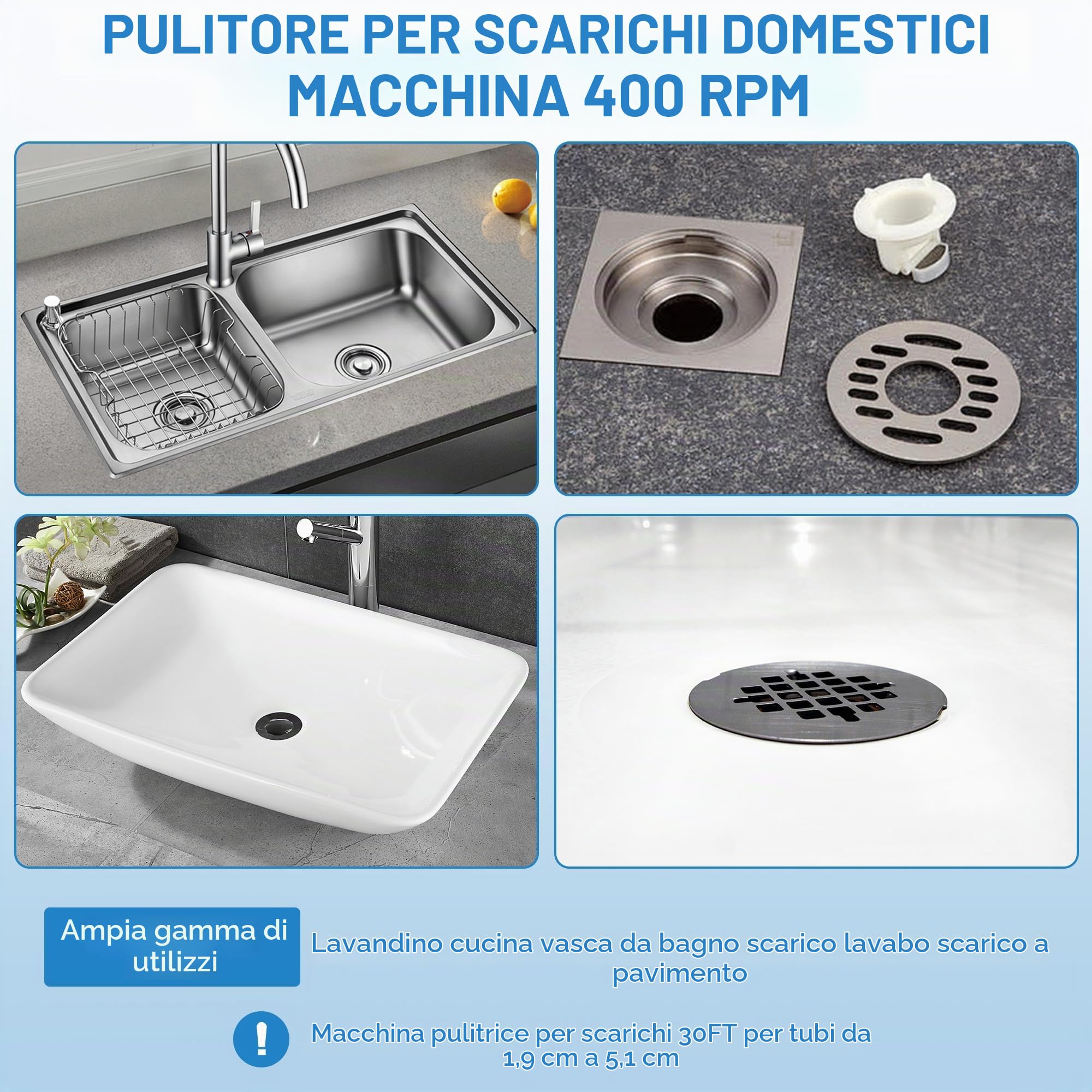 Sturatore Elettrico Professionale per Tubi, 9m/30Ft Cavo Rinforzato, Pedale di Comando, Ideale per Scarichi da 3/4" a 2", Perfetto per Lavandini, WC, Docce, Scarichi a Pavimento