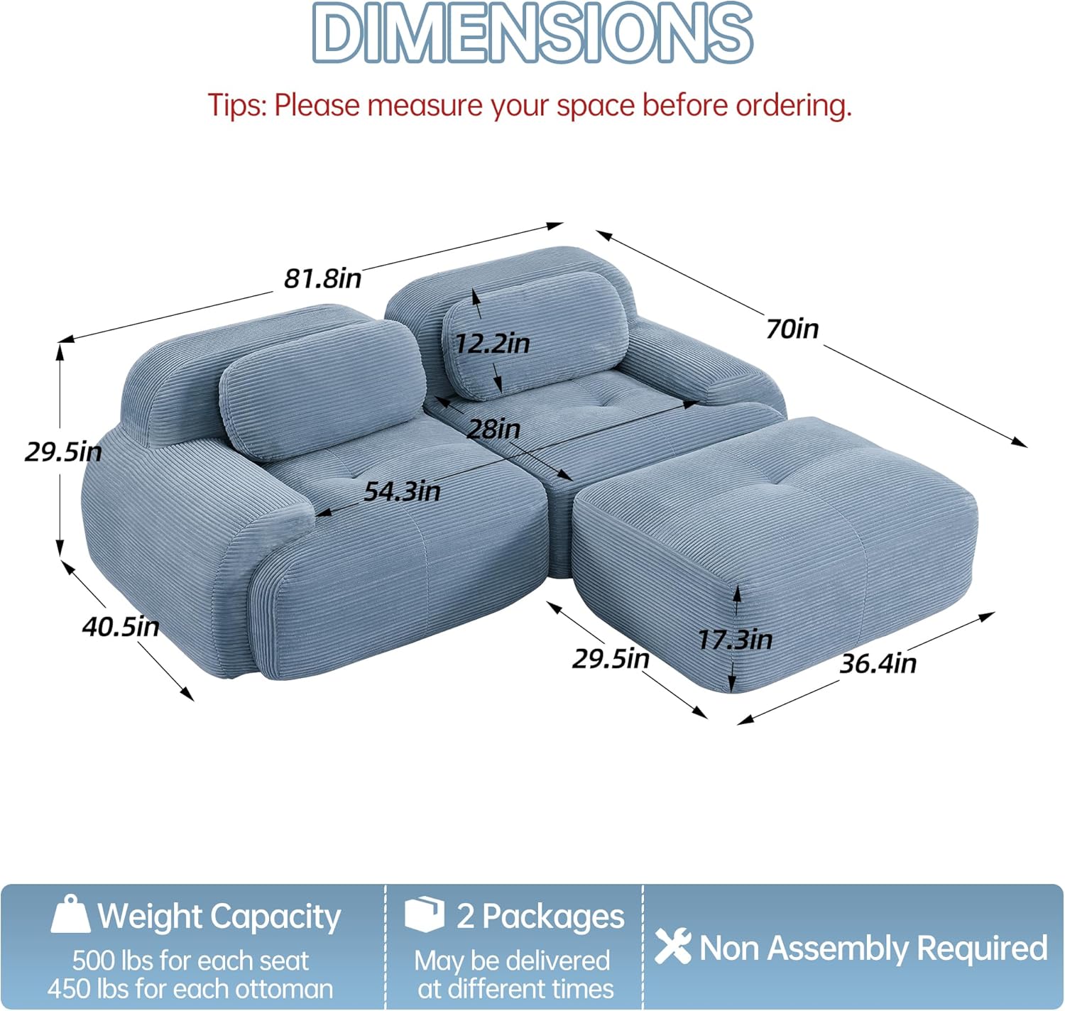 Cloud Sectional Couch Boneless L Shaped Couch, 81.8'' Modular Sectional Sofa with Ottoman, Modular Loveseat Sofa, 2 Seater Corduroy Deep Seat Couches for Living Room, No Assembly Couches, Blue