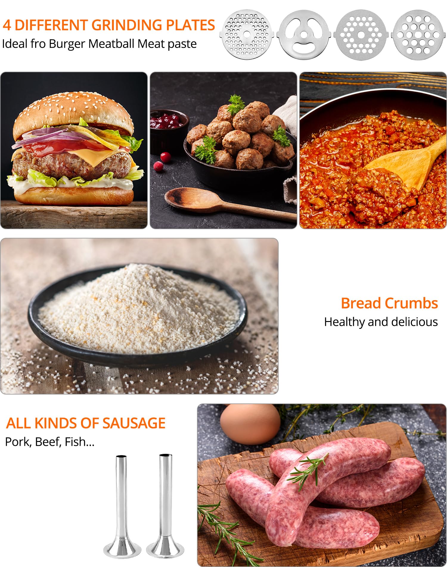 Accessorio Tritacarne Per KitchenAid - Con 4 Piastre, 3 Insaccatrici E Pressa Hamburger - Multifunzione - Foto 5