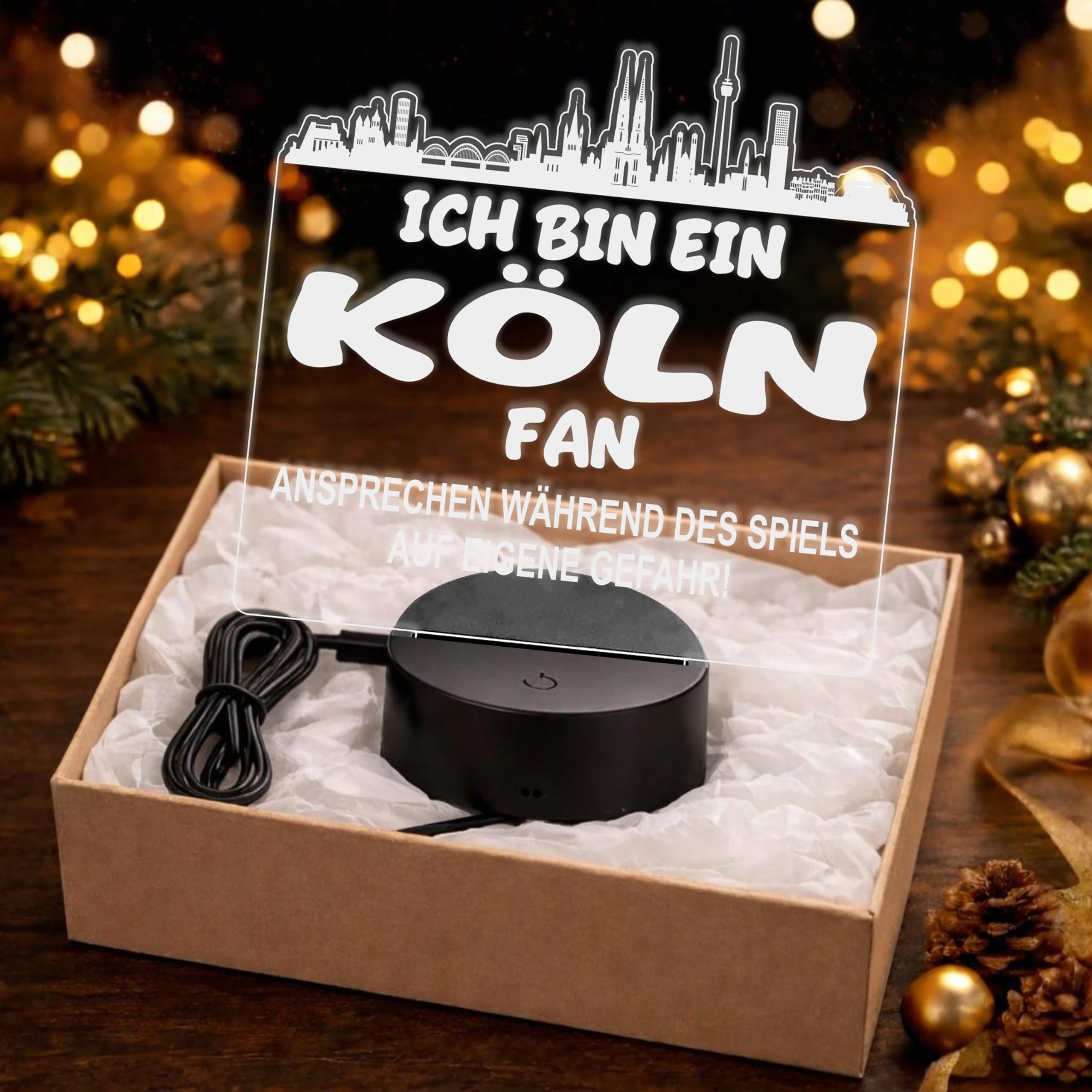 Lieblingsmensch Köln Fan Fußball LED Nachtlicht – 3D Skyline Design „Ansprechen auf eigene Gefahr“ – RGB Farbwechsel mit Fernbedienung & Touch – Stimmungslicht für die Man Cave – 19x23cm