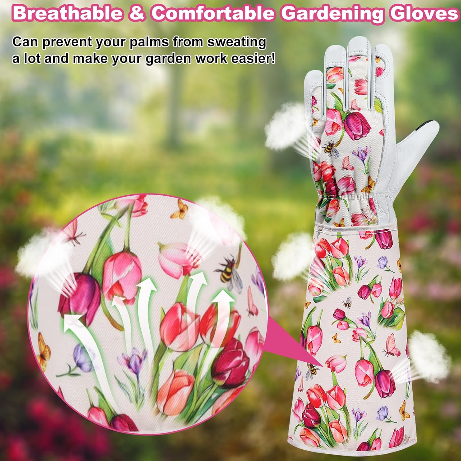 DLY Gardening Gloves for Women, Rose Gloves Gardening Thorn Proof, Long Garden Gloves for Women, Breathable Cowhide Leather Gauntlet(X-Large,White) - Image 3