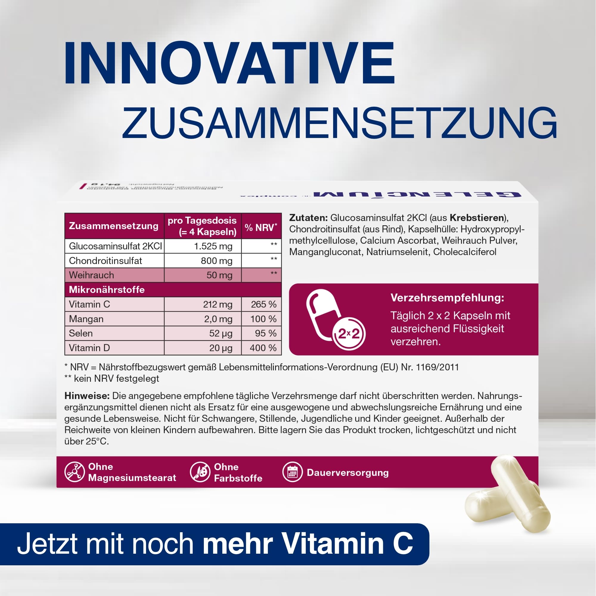 Gelencium Glucosamin Chondroitin hochdosiert mit Weihrauch – 120 Kapseln | 2.325 mg pro Tagesdosis · Mit Weihrauch (Boswellia serrata), Vitamin C, Vitamin D & Mangan · 30 Tage