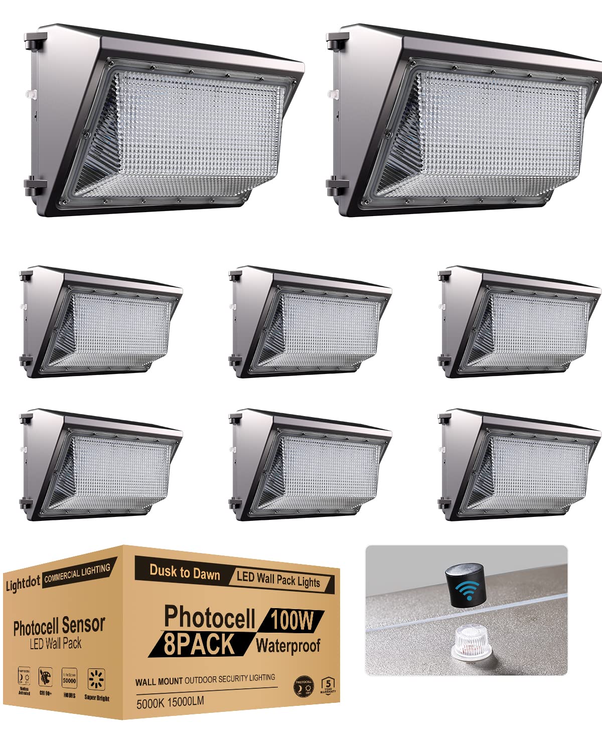 Lightdot 8 Pack 100W LED Wall Pack Lights, Dusk to Dawn with Photocell, 15000Lm 5000K Daylight IP65 Waterproof Wall Mount Outdoor Security Lighting Fixture, Energy Saving Upto 3800KW*8/5Yrs(5Hrs/Day)