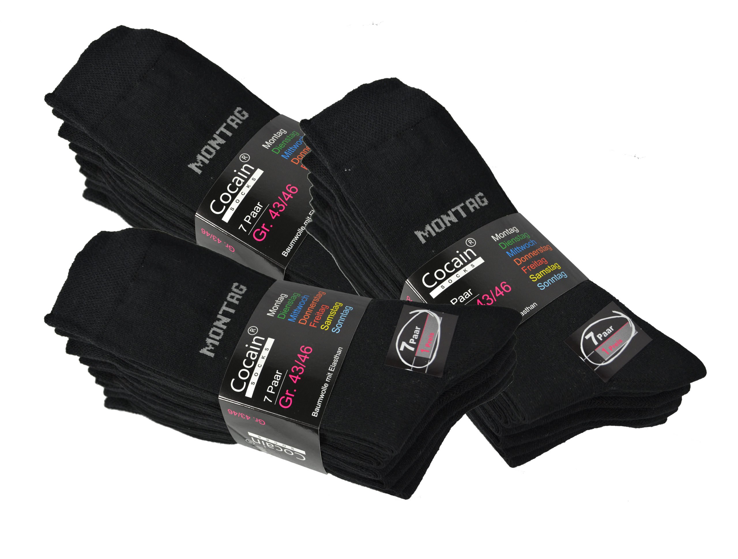 Cocain underwear 7 | 14 | 21 Paar Damen & Herren Socken schwarz mit Wochentag am Schaft 7-Tage-Socken in Grössen 35-38, 39-42, 43-46 oder 47/50