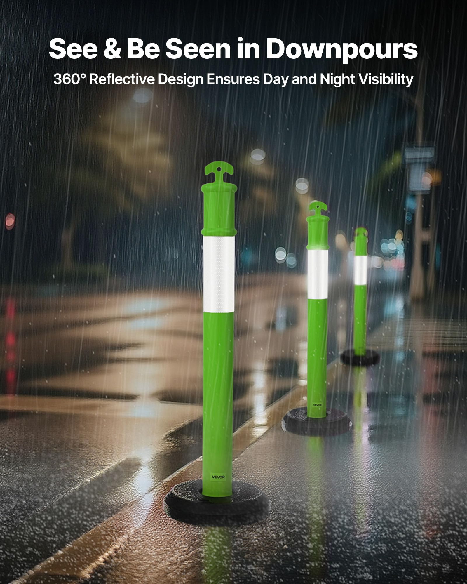 VEVOR Verkehrsleitpfosten Leitpfosten 3 Stk. (114 cm) mit befüllbarem Sockel & Reflektorstreifen, Warnpfosten für Baustellen, Parkplätze, Absperrpfosten zur Steuerung von Menschenmengen, Grün