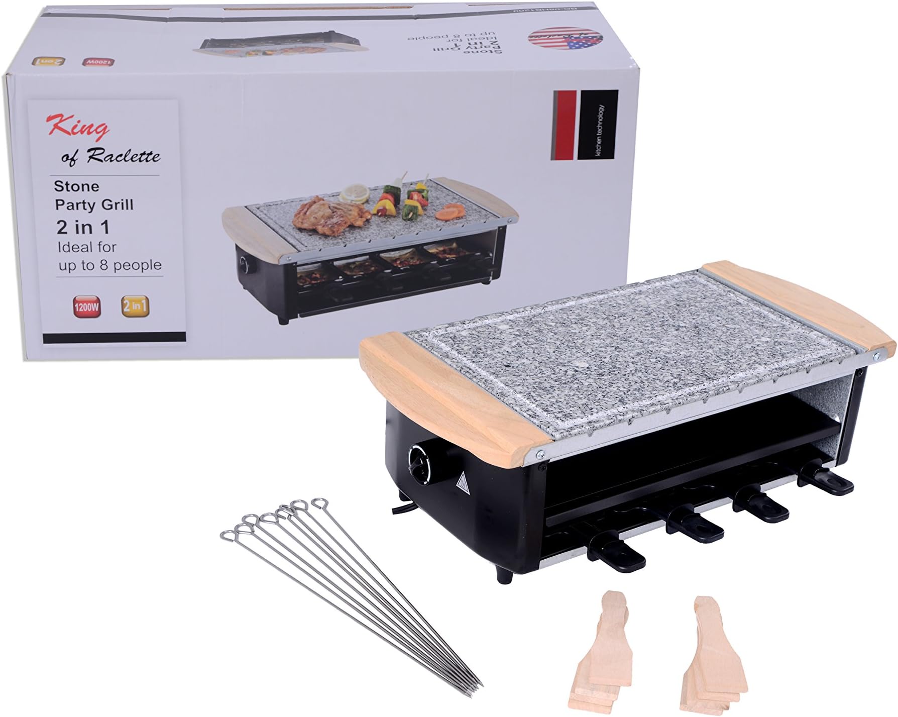 Raclette Party BBQ Grill with Granite stone Temperature Control Electric Nonstick BBQ Indoor / Outdoor Grill for up to 8 People 1200W, Includes 8 Paddles & 8 Skewers & 8 spatulas