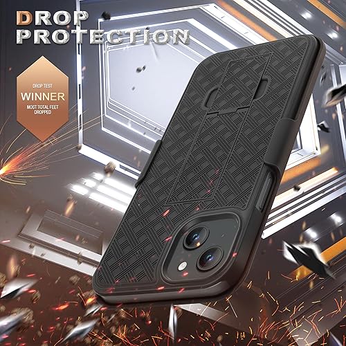 Miniatura 3 de Fingic Funda para iPhone 15, iPhone 15 con clip para cinturón, funda delgada combinada con soporte giratorio para cinturón, funda protectora
