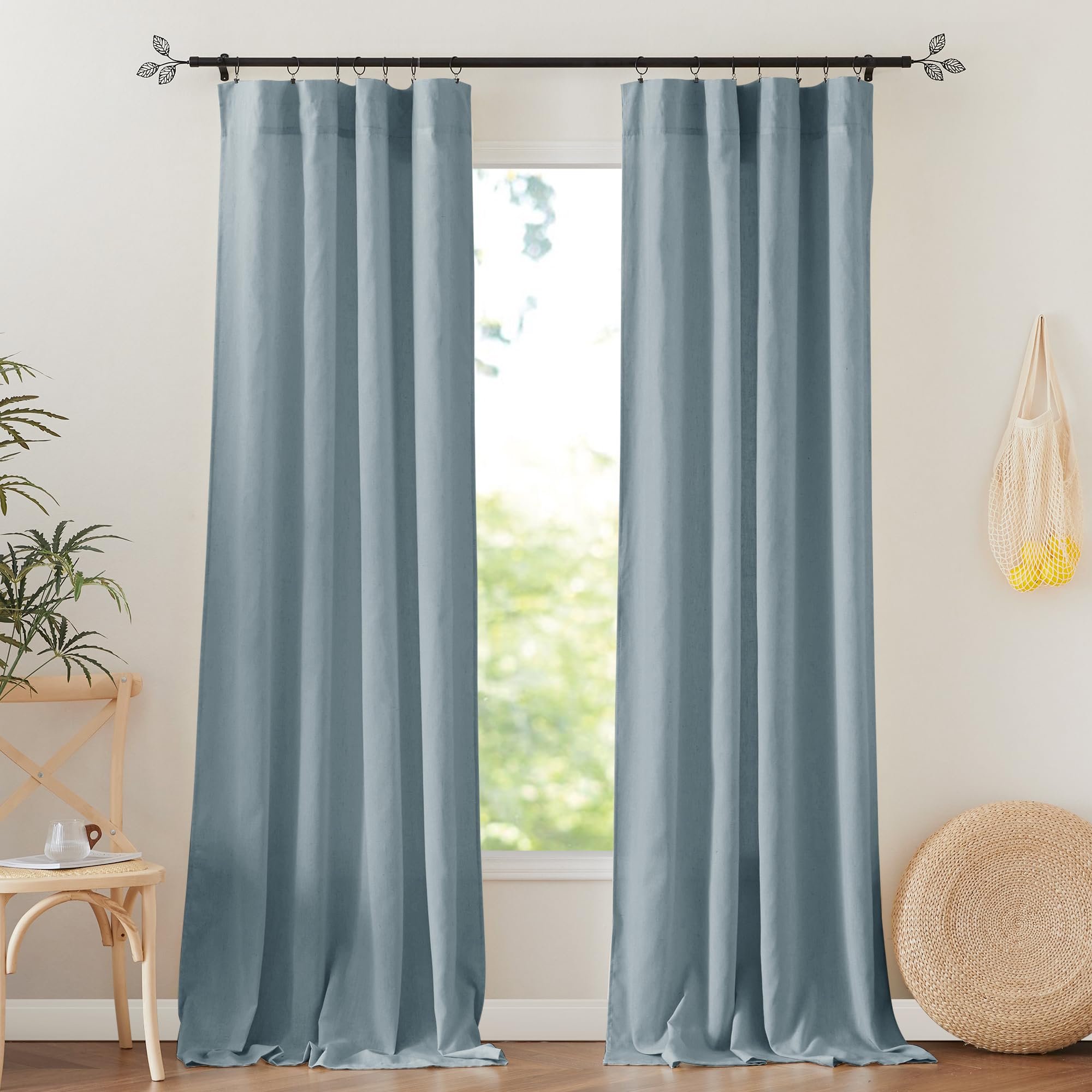 RYB HOME Light Blue Curtains 84 Inch Length for Living Room, Bedroom, Kitchen 2 Panels Linen Semi Sheer Light Filtering Privacy Protect Window Drapes Farmhouse Curtains, W 52 x L 84 inches