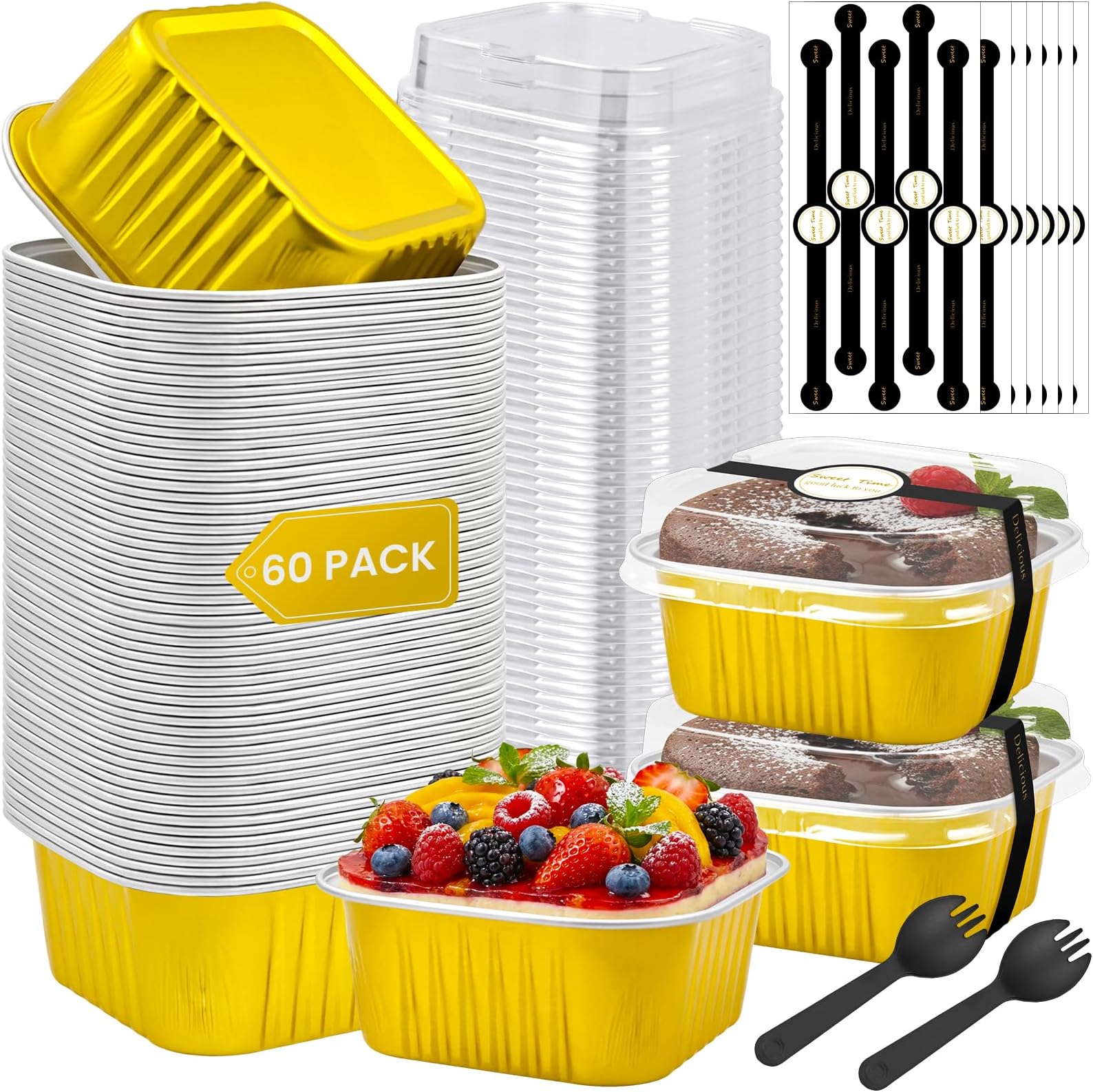 JIURUN 60 Pack 5oz Mini Cake Pans with Lids, Square Aluminum Foil Brownie Baking Cups, Muffin Tin Ramekins, Disposable Dessert Cupcake Cups for Wedding Birthday Party, Baking Supplies, Gold.
