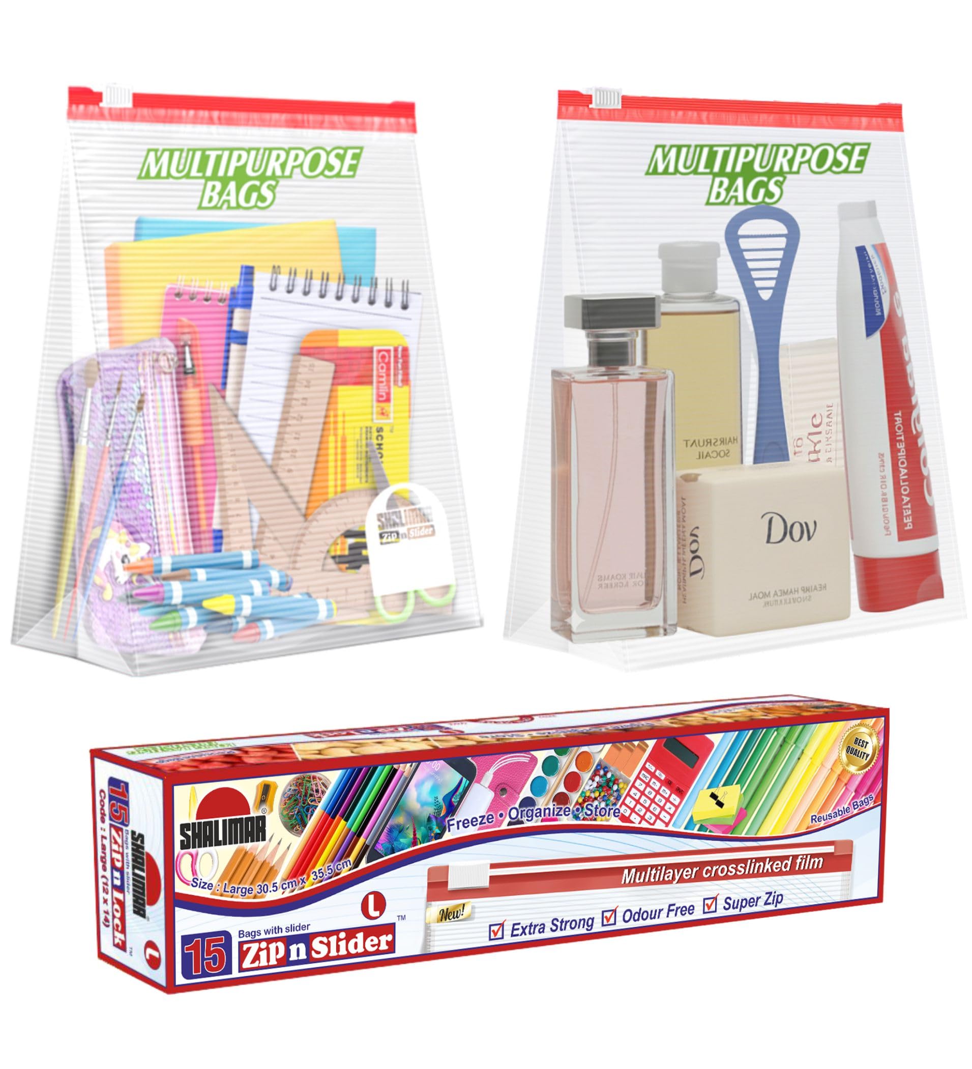 Shalimar Zip 'N' Slider Bags | Large (30.5 cm X 35.5 cm) | Pack of 15 Bags | Ziplock/Fridge/Multi-Purpose Storage Bag | Reusable & Reclosable with Slider Lock | Color - Natural