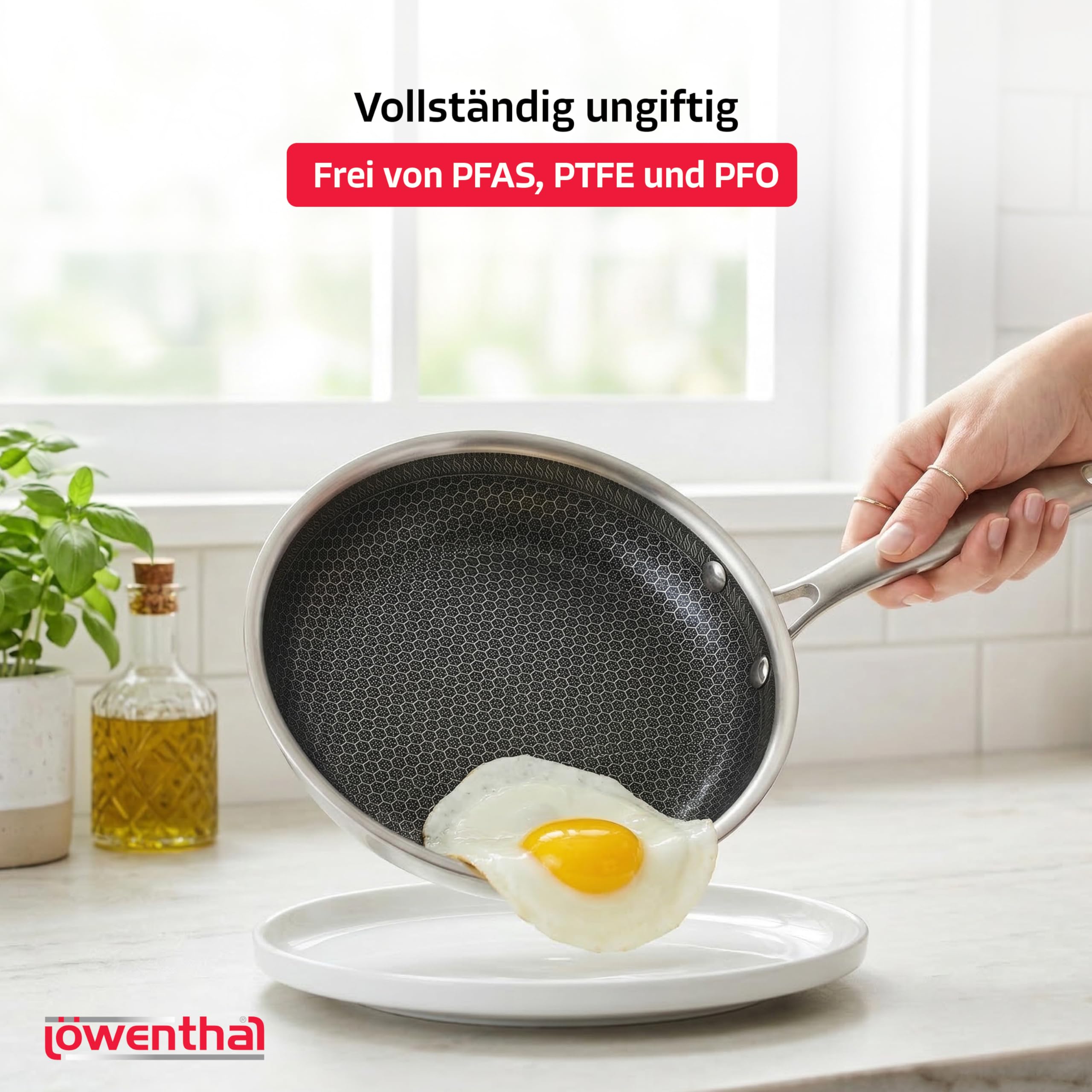Löwenthal® Bratpfanne 28 cm | Edelstahl Pfanne mit Wabenstruktur | Keramische Antihaftbeschichtung | Kratzfest | PFAS- & PTFE-frei | Induktion alle Herdarten | Spülmaschinenfest | Backofenfest 280°C