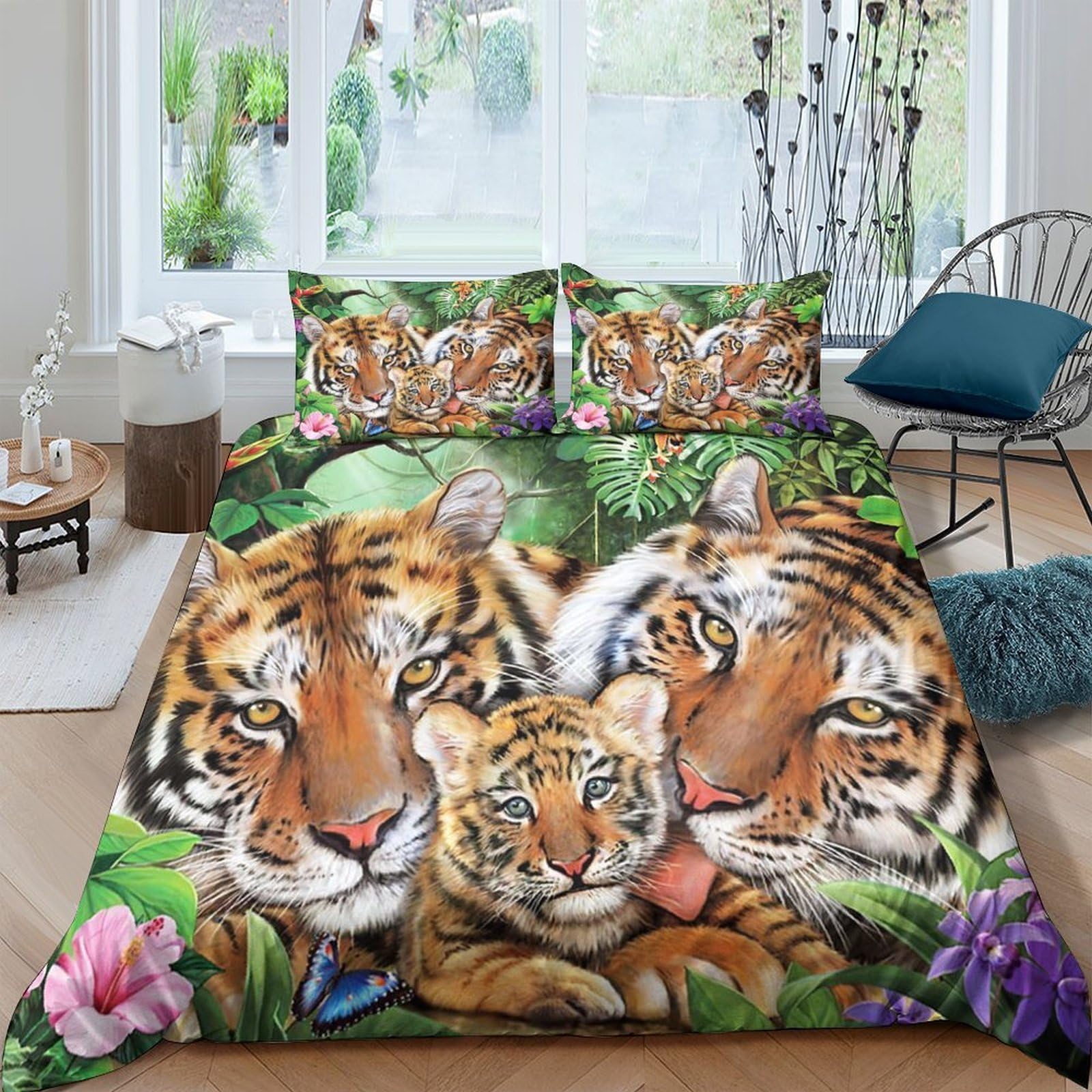 3D Design Comfy Microfibre Tiger family Comforter Cover Breathable Bedding Set with Pillowcases Jungle wildlife art Quilt Cover Sets All Season Machine Washable for Men Women Kids Single（135x200cm）