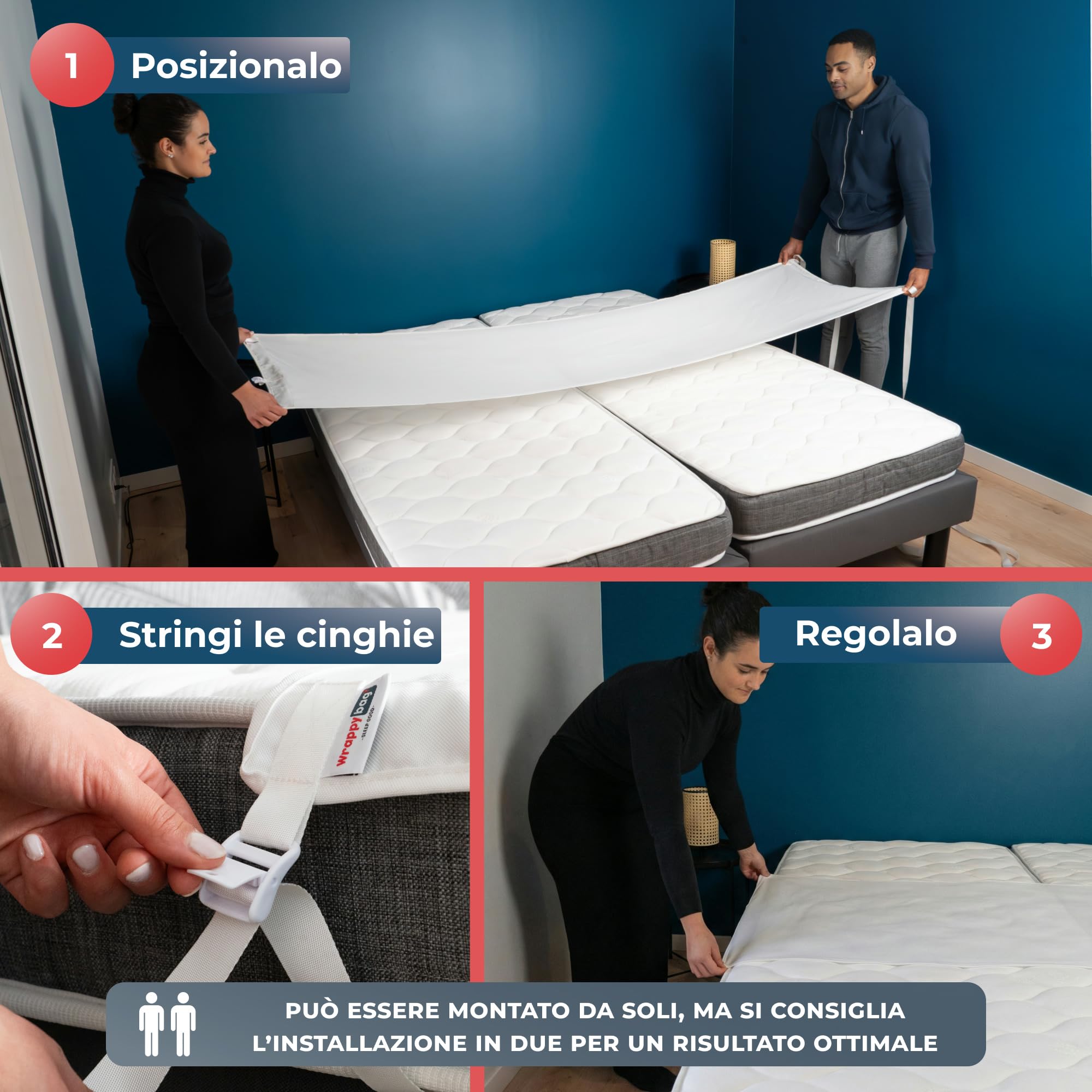 Wrappybag Unisci Materassi Singoli in Matrimoniale - Fascia Unisci Materassi - per Unire Due Letti Singoli Senza Sforzo - Tessuto Oeko-Tex Traspirante - Installazione Facile e Veloce