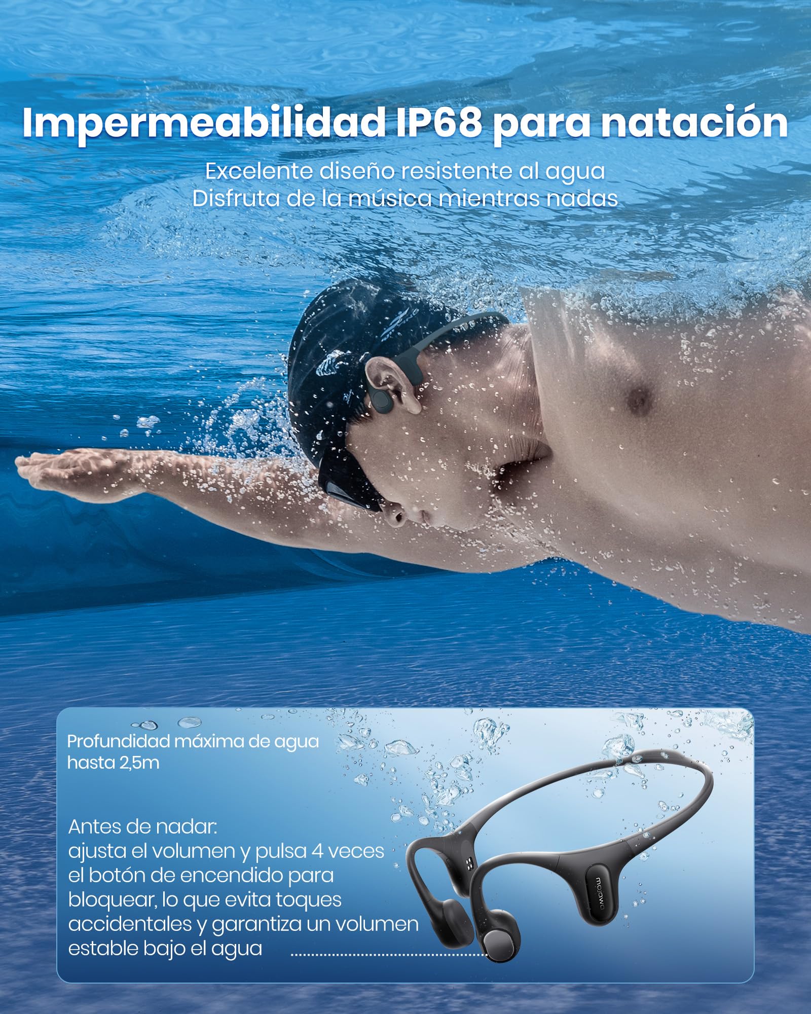 mojawa Run Plus New Auriculares de conducción ósea para natación, IP68 Impermeable Cascos con Reproductor MP3 32GB, para Running, Ciclismo y Deporte, Bajos Profundos, Mic ENC, Bluetooth 5.2 - Negro