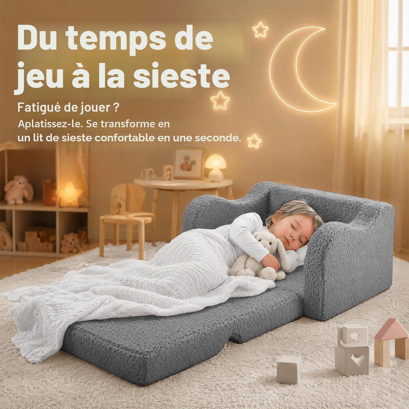 3-en-1 Fauteuil Enfant Canapé-lit, Chauffeuse et Lit Pliable pour Enfant et Bébés, Mini Sofa Chaise pour Chambre Fille ou garçon, Gris