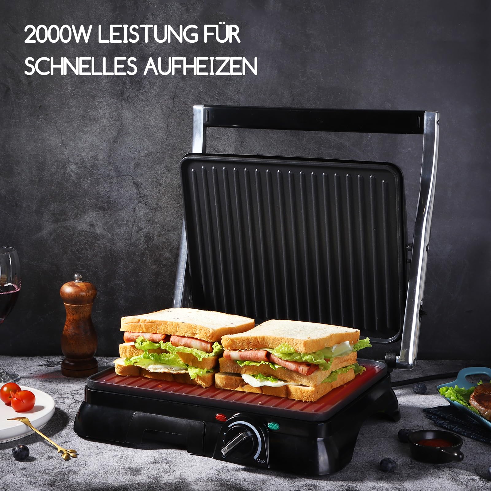 Aigostar Kontaktgrill 2000W | Temperaturkontrolle | 29,5 x 23,5 cm | 180° klappbar als Tischgrill | Antihaftbeschichtung | Fettauffangschale | Panini Grill für Steaks, Burger & Gemüse | Samson