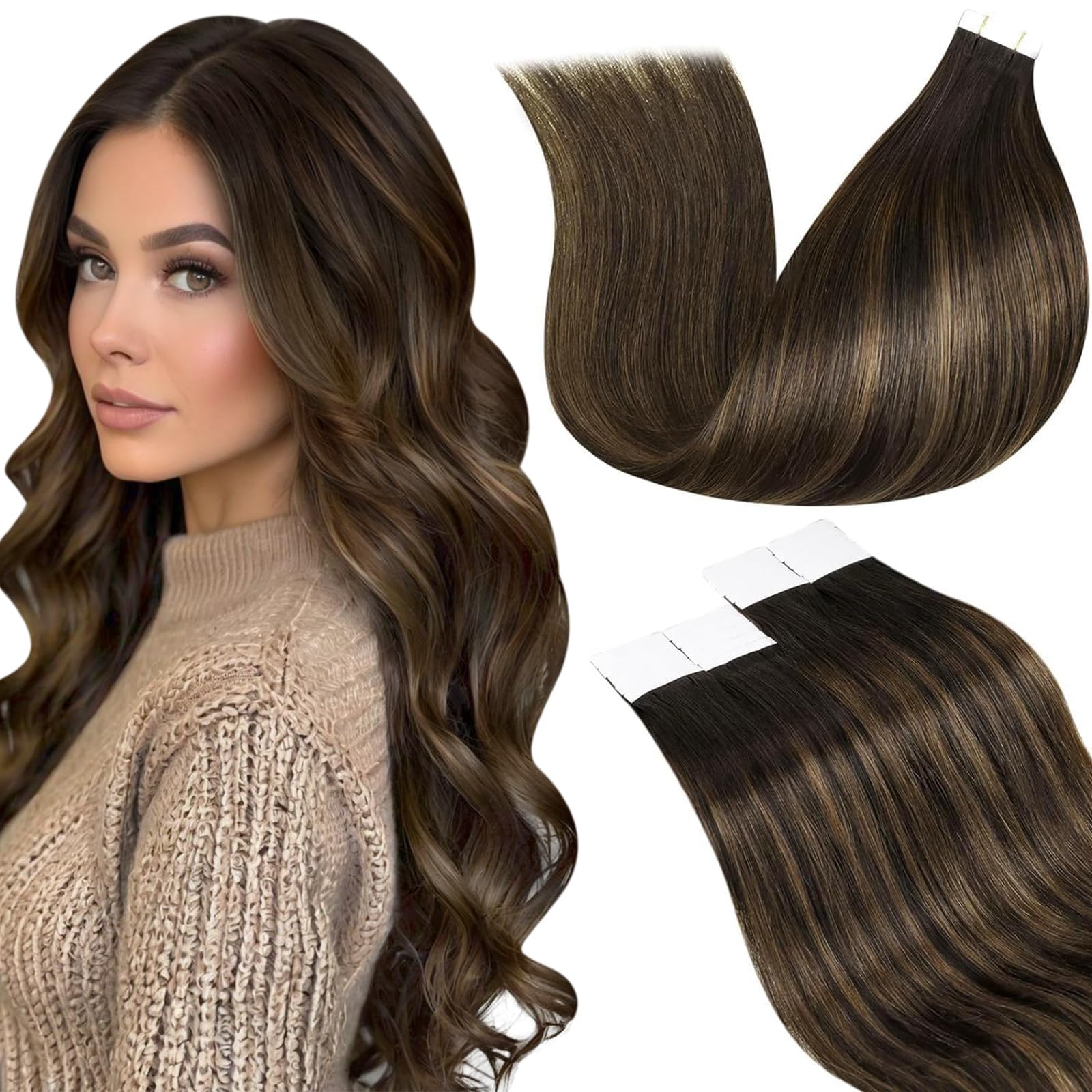 LaaVoo Tape in Extensions Echthaar Ombre Braun Extensions Echthaar Tape 40cm Dunkelstes Braun Balayage Hellbraun 50g 20PCS #2/8/2