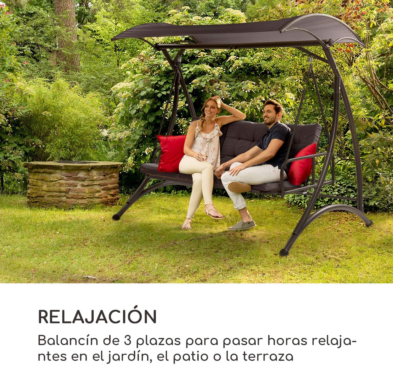 blumfeldt Marbella - Columpio balancín Hollywood, 3 plazas, Estructura Acero Revestido en Polvo, Cojines 8 cm Grosor, Fundas poliéster, Toldo arqueado, Protección UV, Respaldo reclinable, Gris