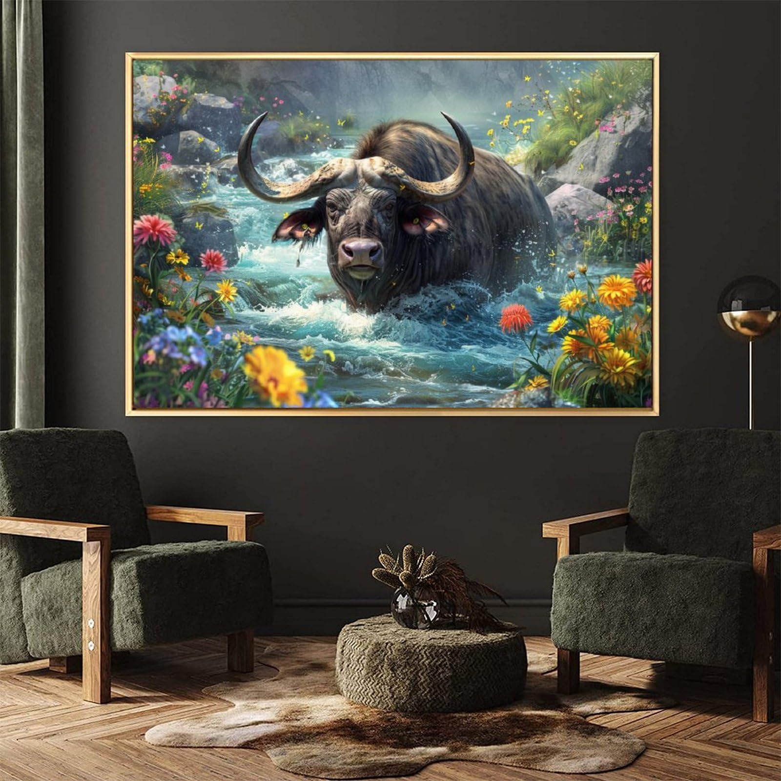 Amazon.co.jp: 絵画 川のほとりに佇む雄大な水牛 アートパネル