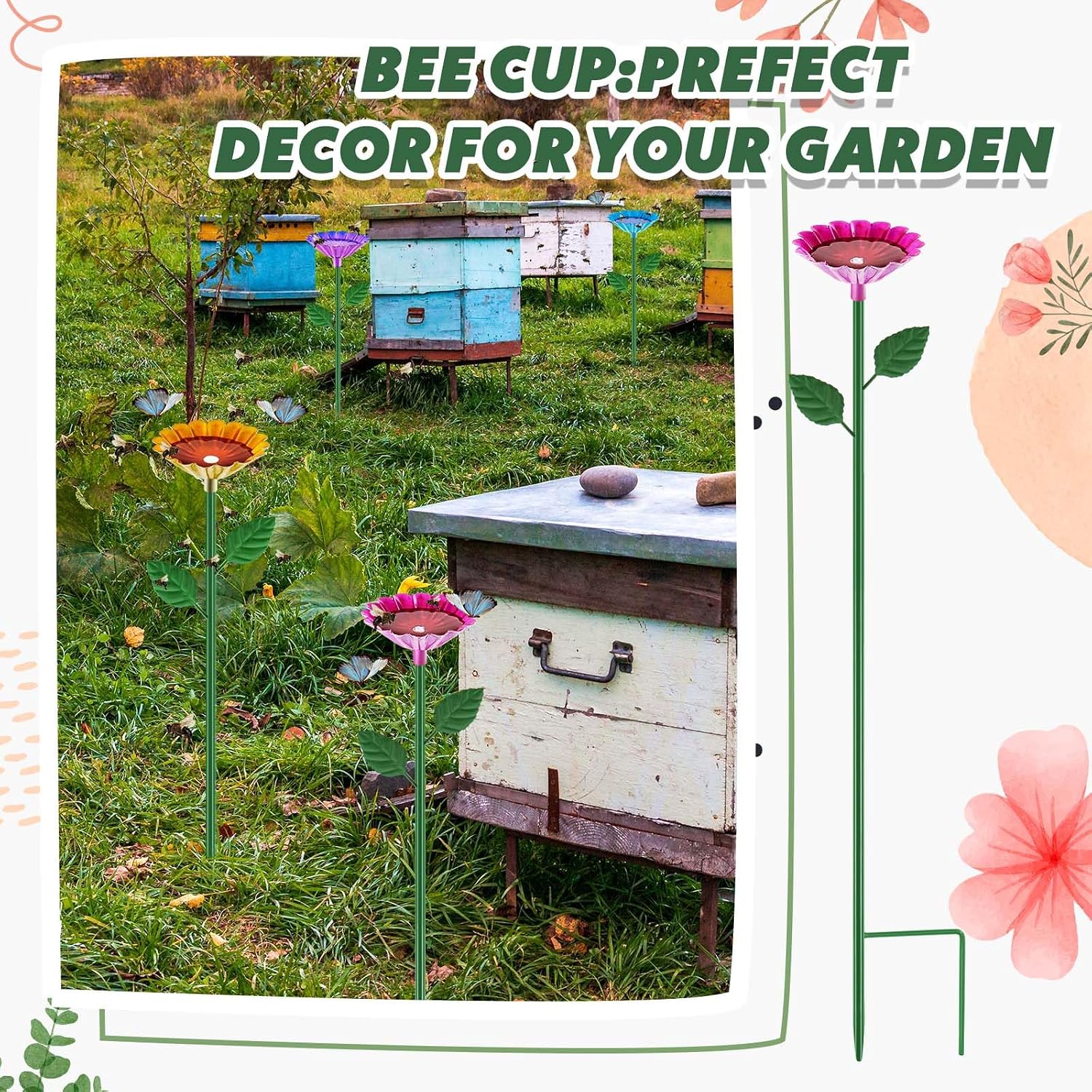 8 Pcs Large Bee Watering Station 25 x 2.6 Inch Metal Vivid Flower Bee Water Feeder for Garden Butterfly Feeders for Outdoors Colorful Butterfly Bath Bowl for Bird Insect Outside Yard