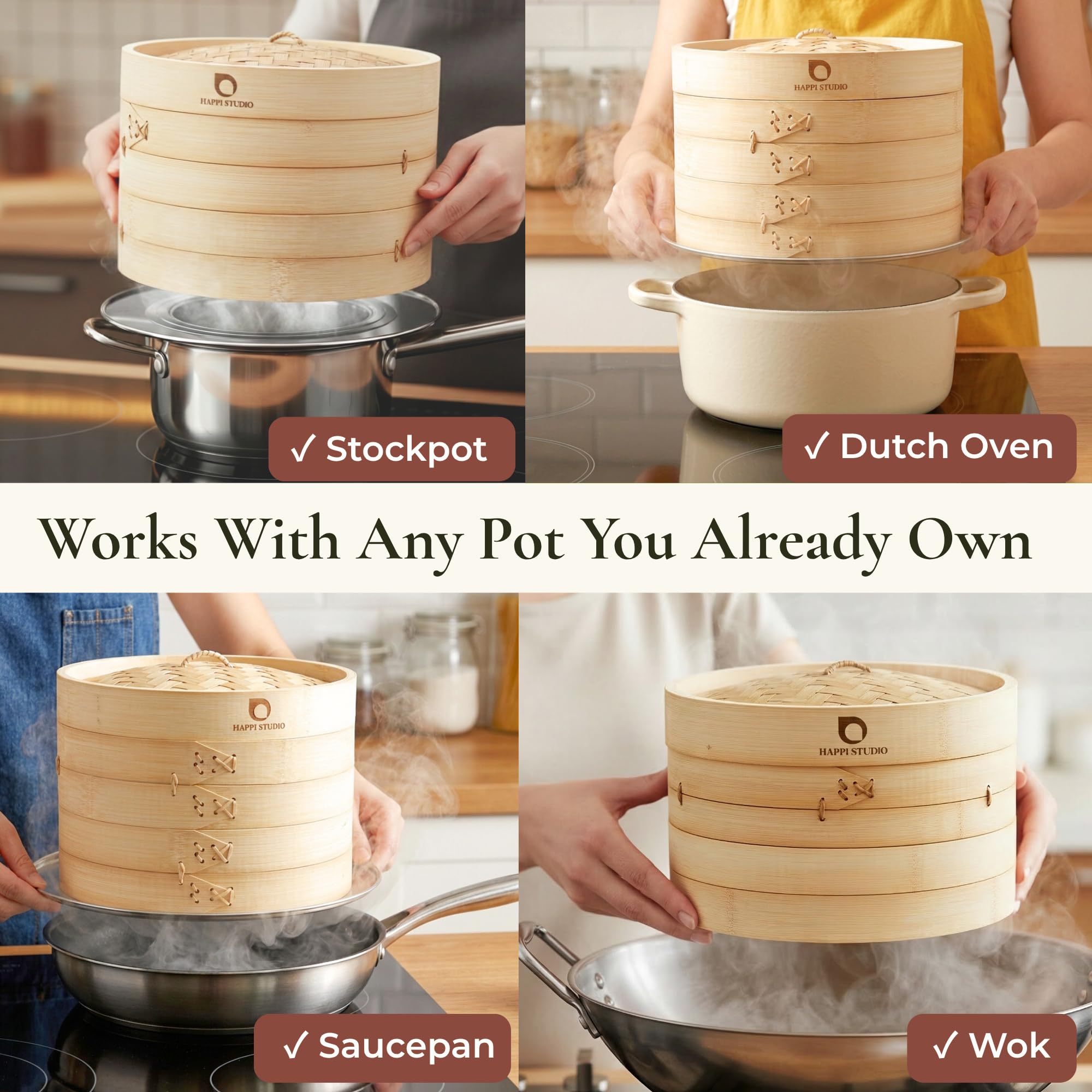 HAPPi STUDIO Bamboo Steamer Basket 10 inch and 304 Stainless Steel Steamer Ring Set - 100% Natural Handmade 2-Tier Dumpling Steamer for Cooking Dim sum, Bao Bun - Cotton Liners Included - Extra Deep