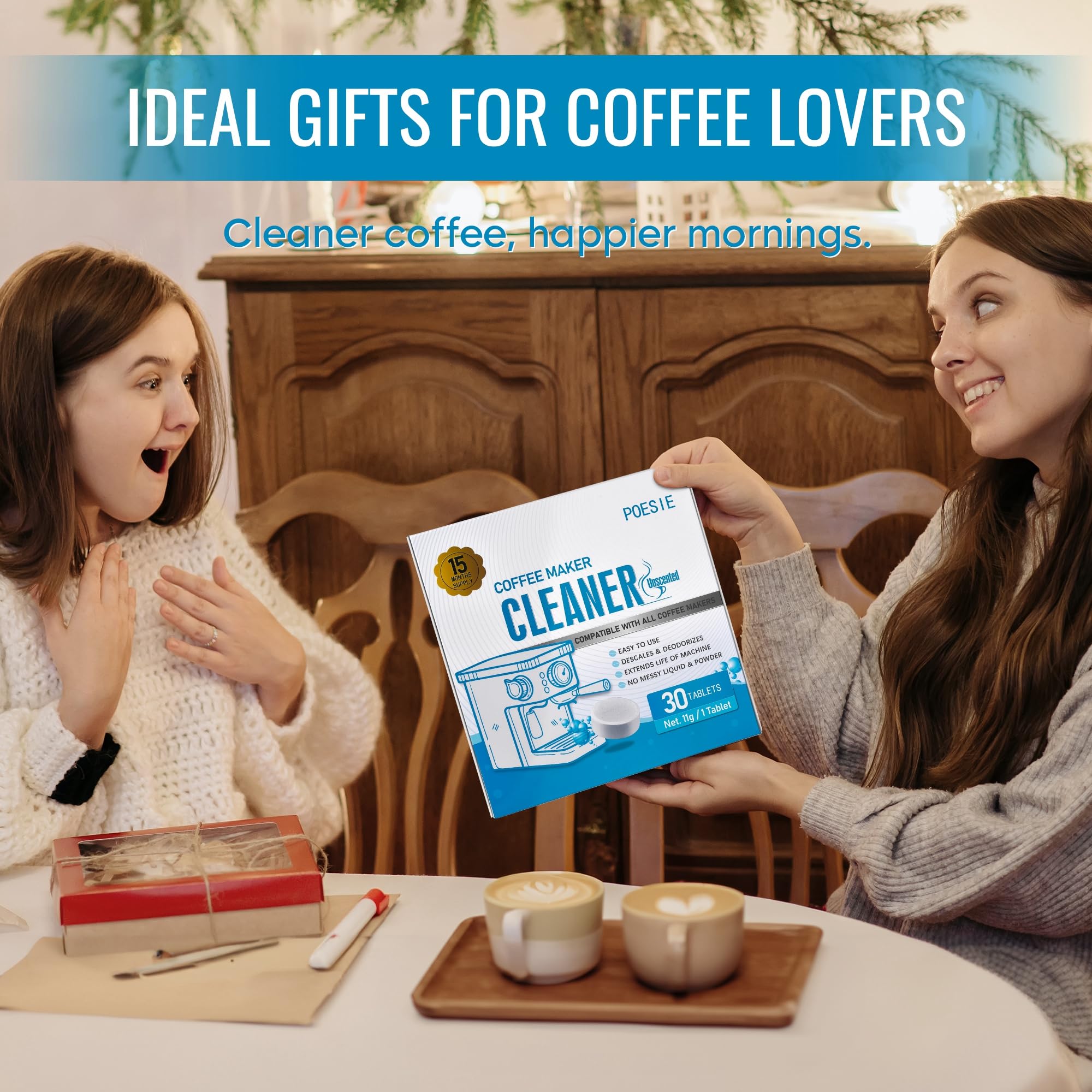 Poesie 30 pastillas de limpieza para cafetera, descalcificador para cafetera, compatible con todas las máquinas de café, descalcificación y limpieza para café por goteo y espresso